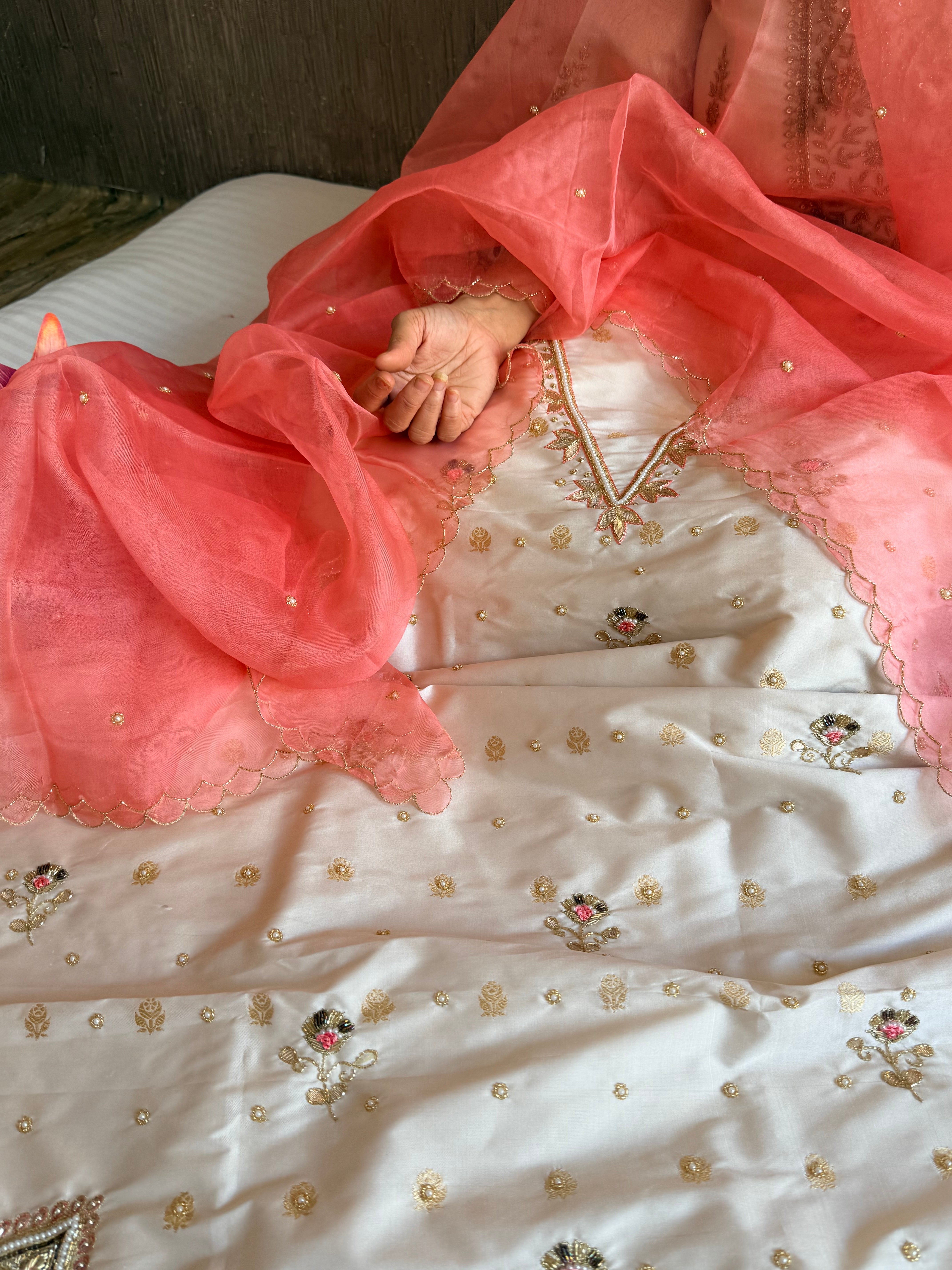 Katan silk hand embroidered banarasi kurta paired with kora silk duppata