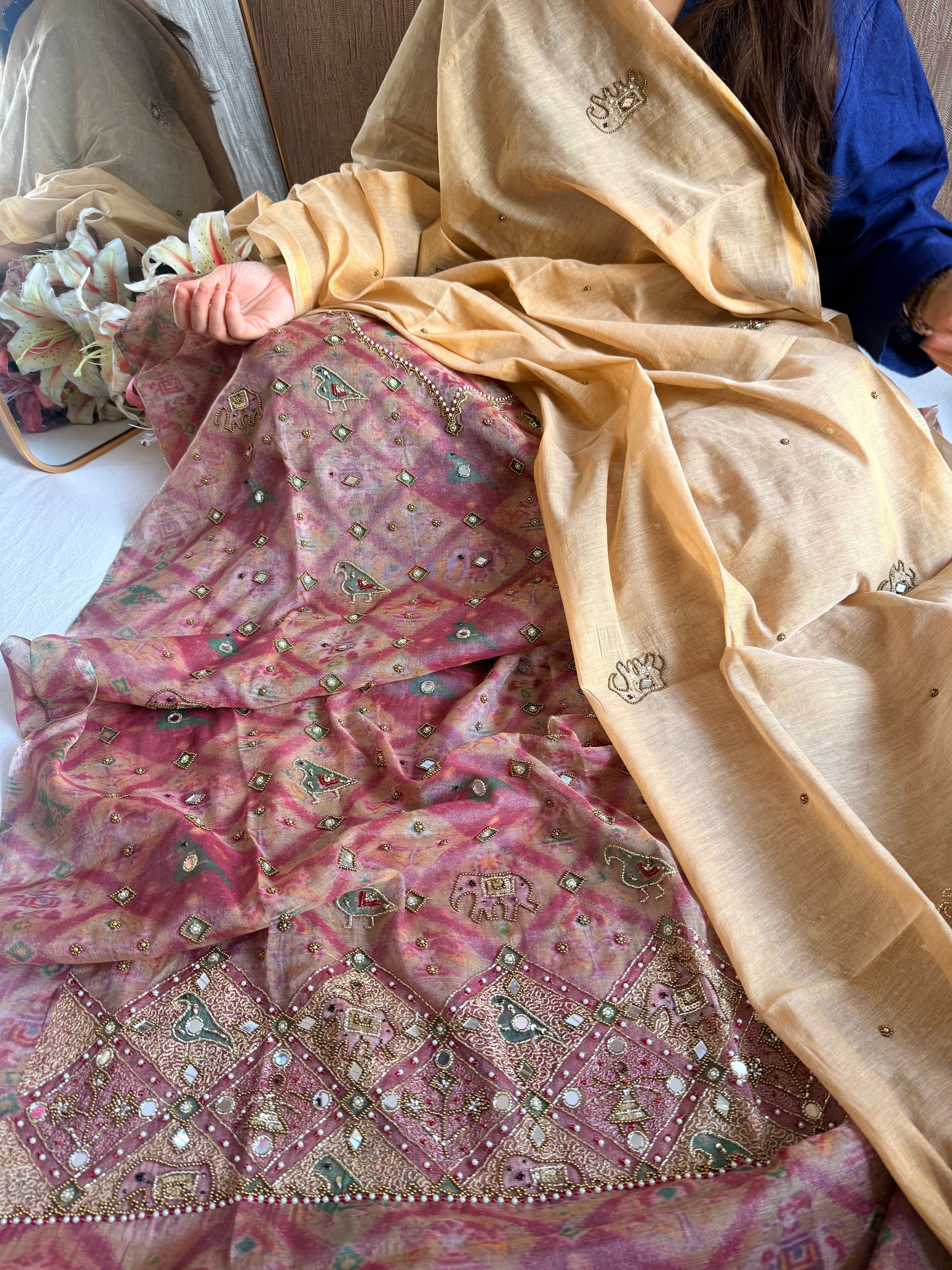 Patola weaving hand embroidered mul cotton tissue suit sets