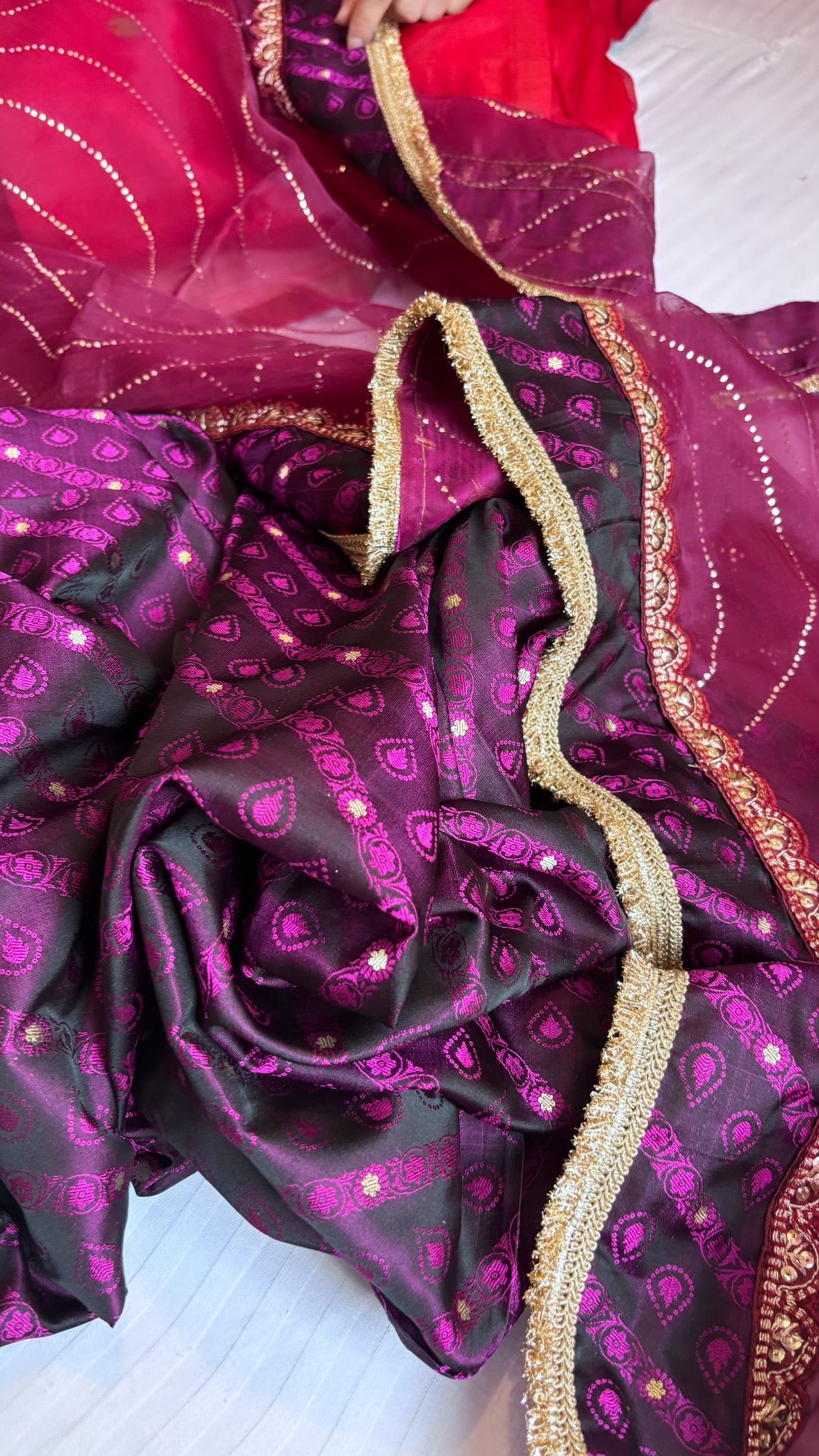 Falsa wine mashru tanchoi silk suit set with kora silk mukaish badla duppata set
