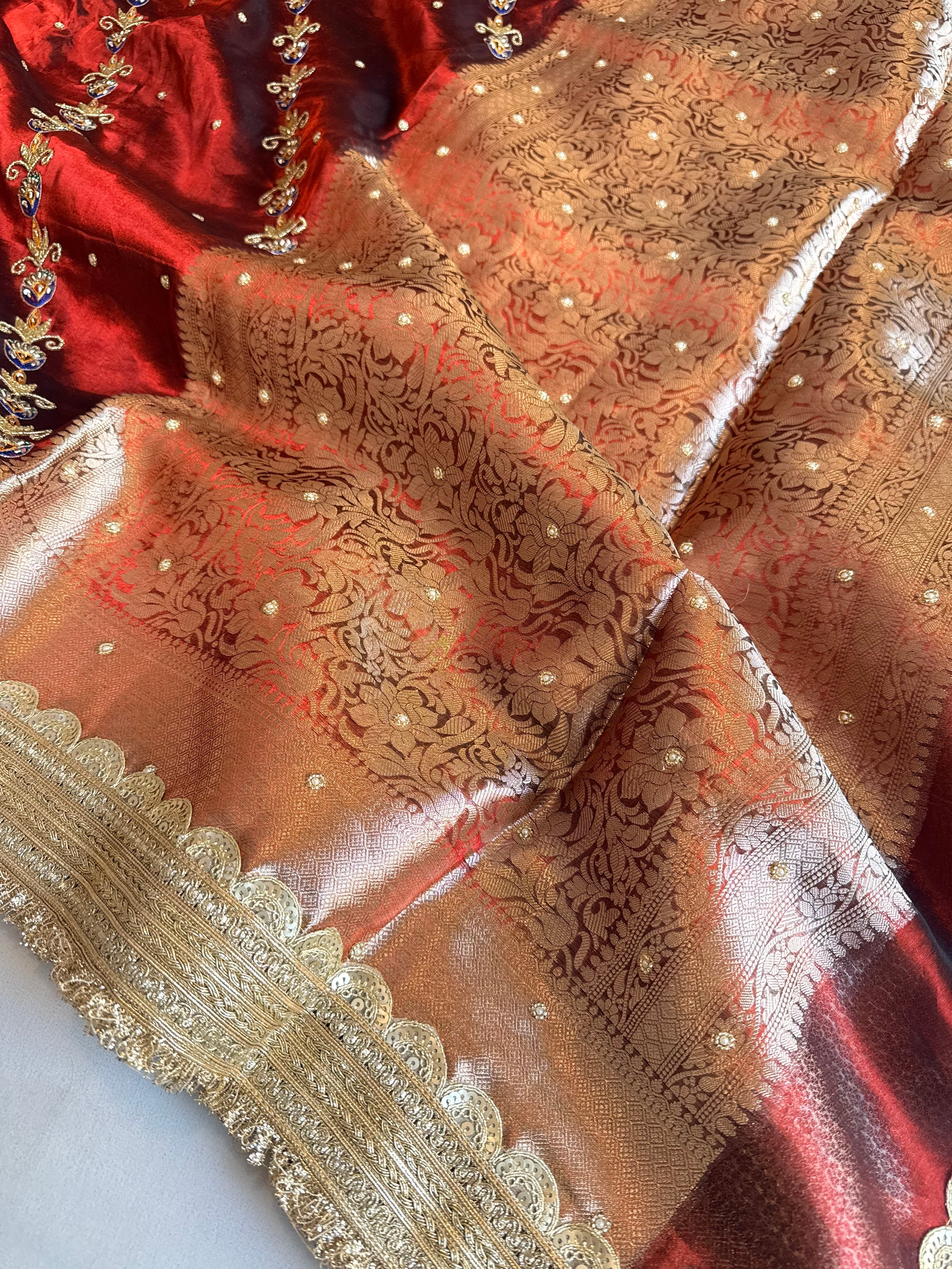 Maharani chand buta kadhwa tissue silk hand embroidered saree duppata set