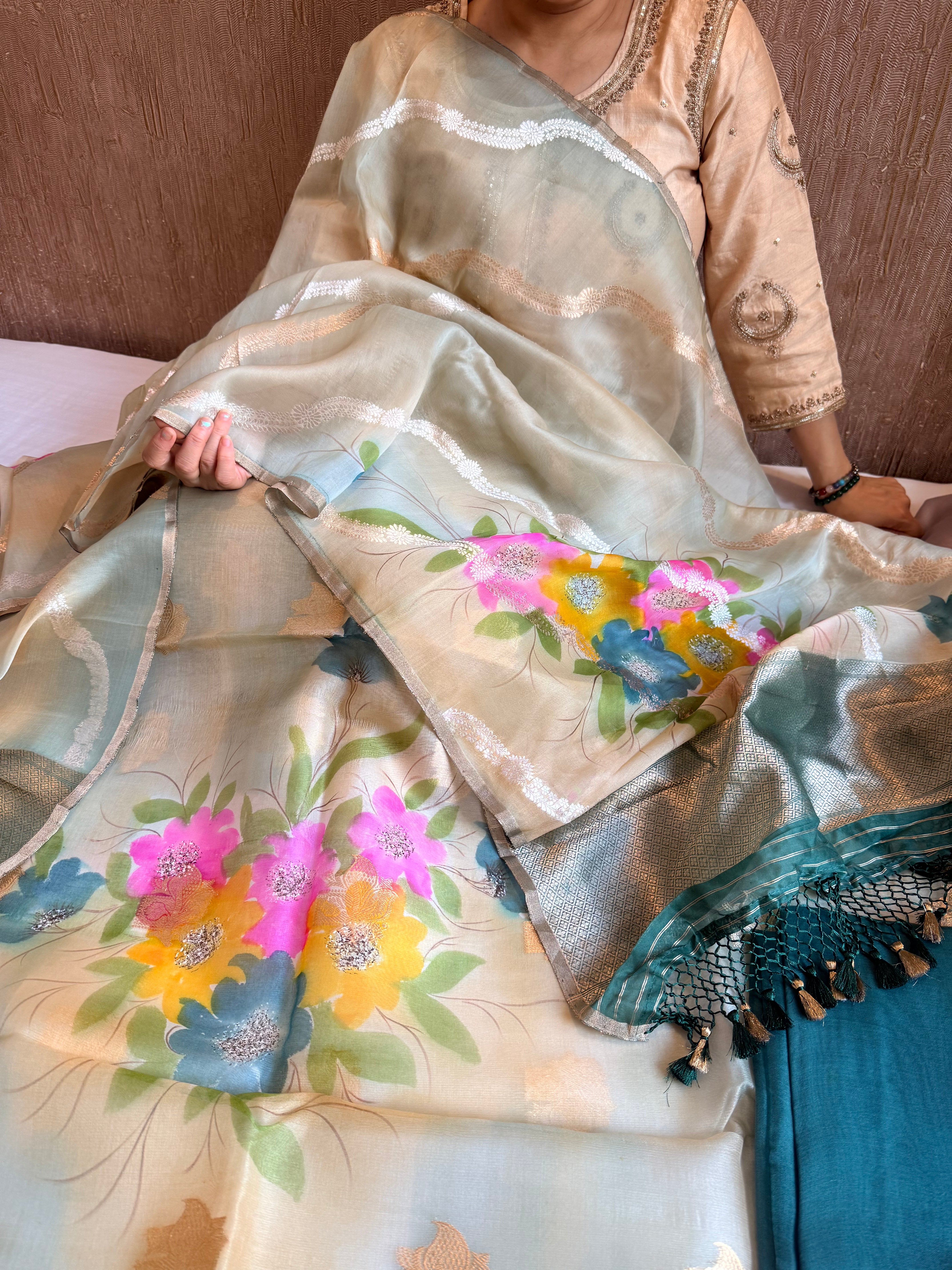Rainbow dyed kora silk handpainted brush dyed banarasi suit sets