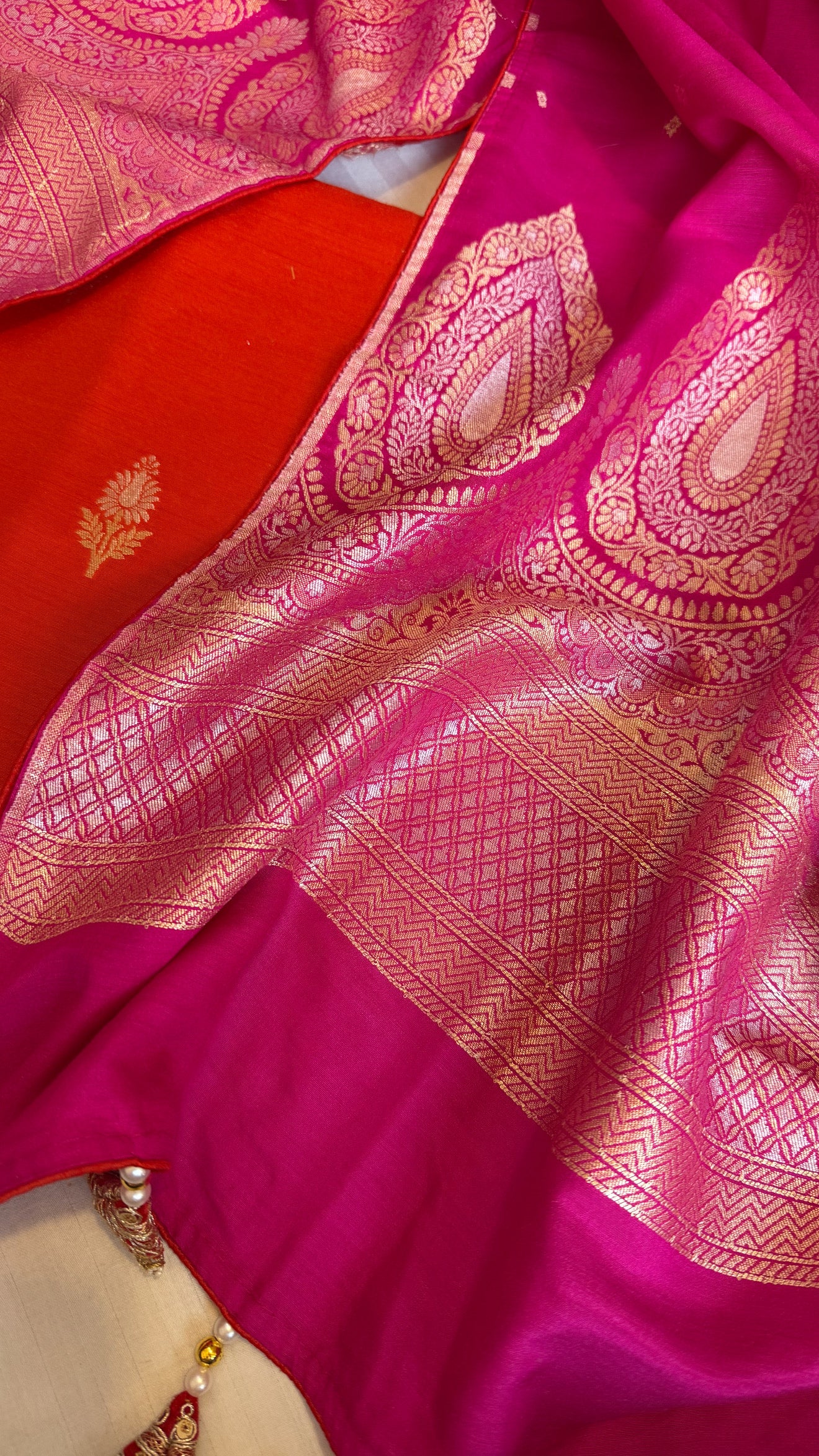 Moonga silk fanta orange - hot pink kadhwa suit set with latkans