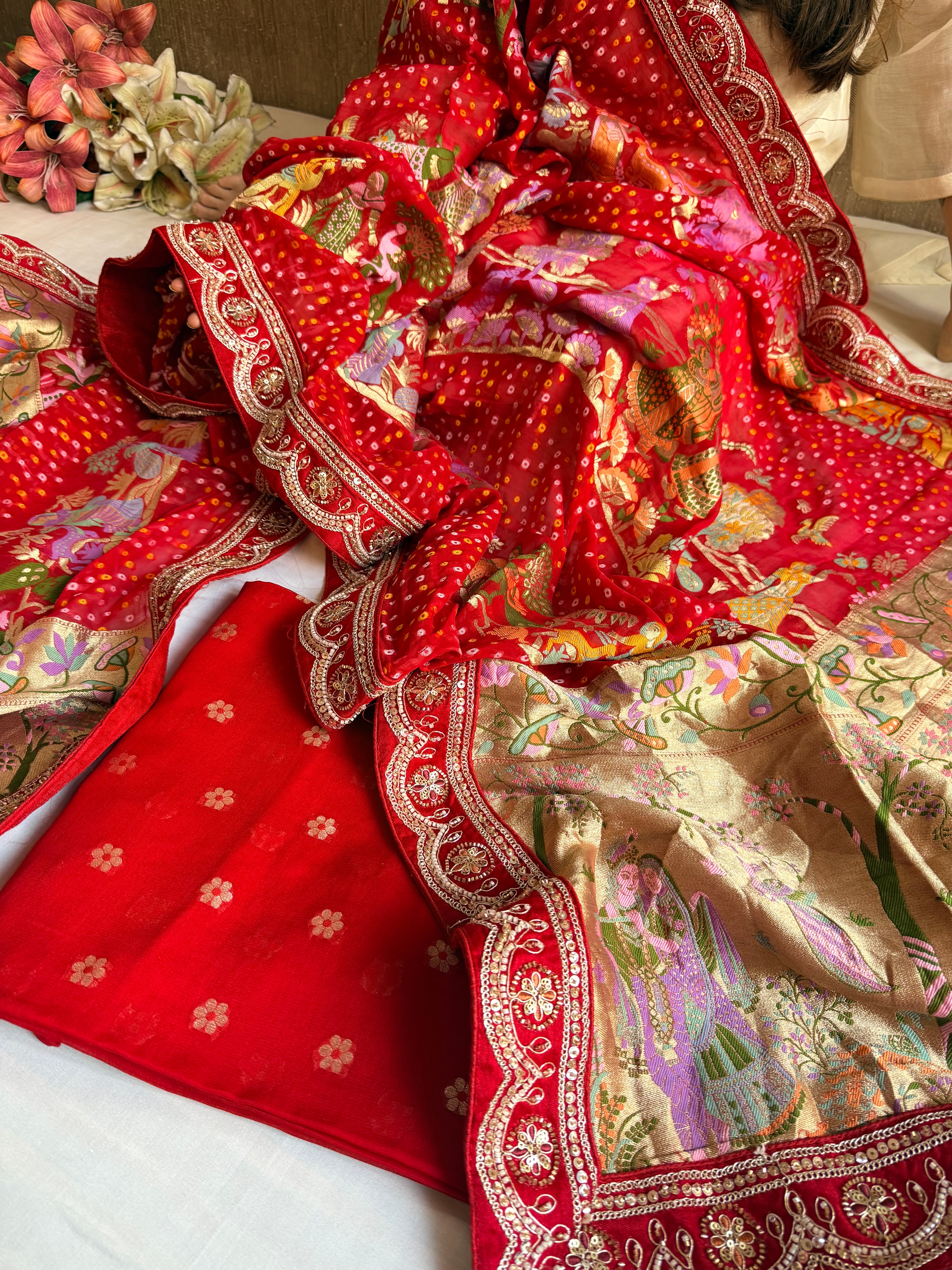 Banarasi rai bandhej radha krishna weaving gorgette kadhwa suit set