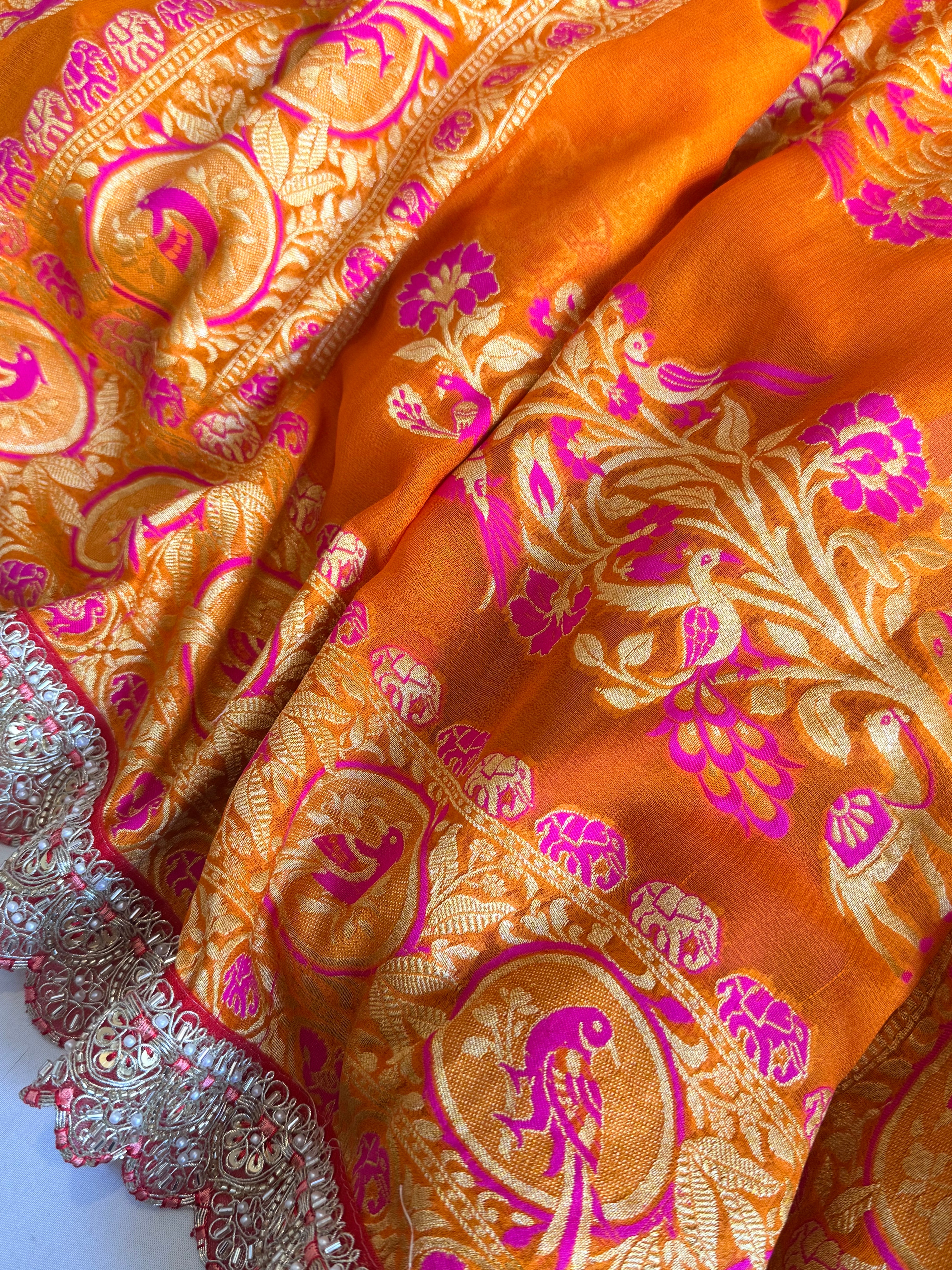 Juicy orange shikargah kadhwa border chiffon gorgette banarasi saree