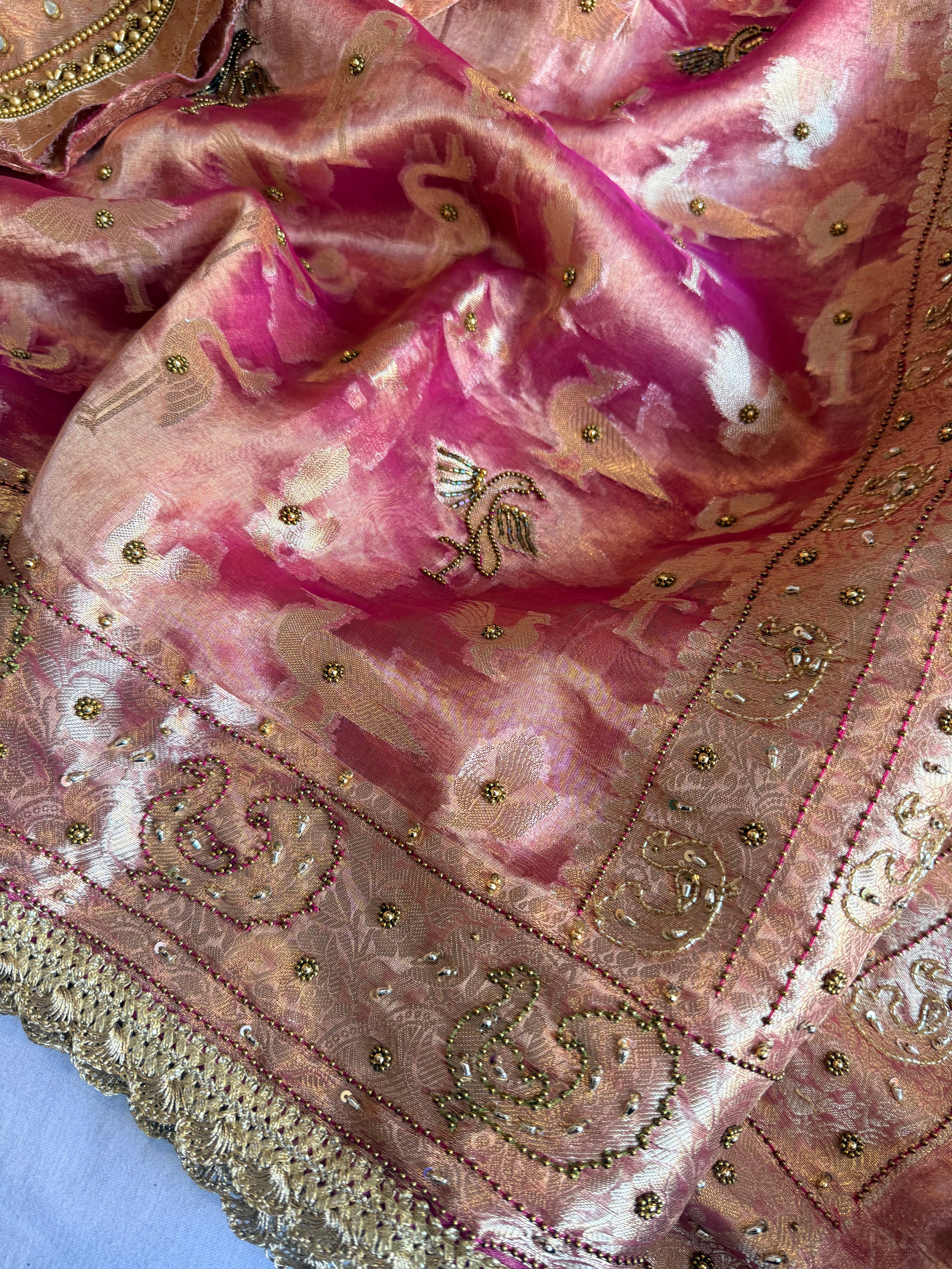 Chiraiya wali saree - Cherry pink tissue silk figure motif weaving and hand embroidered saree