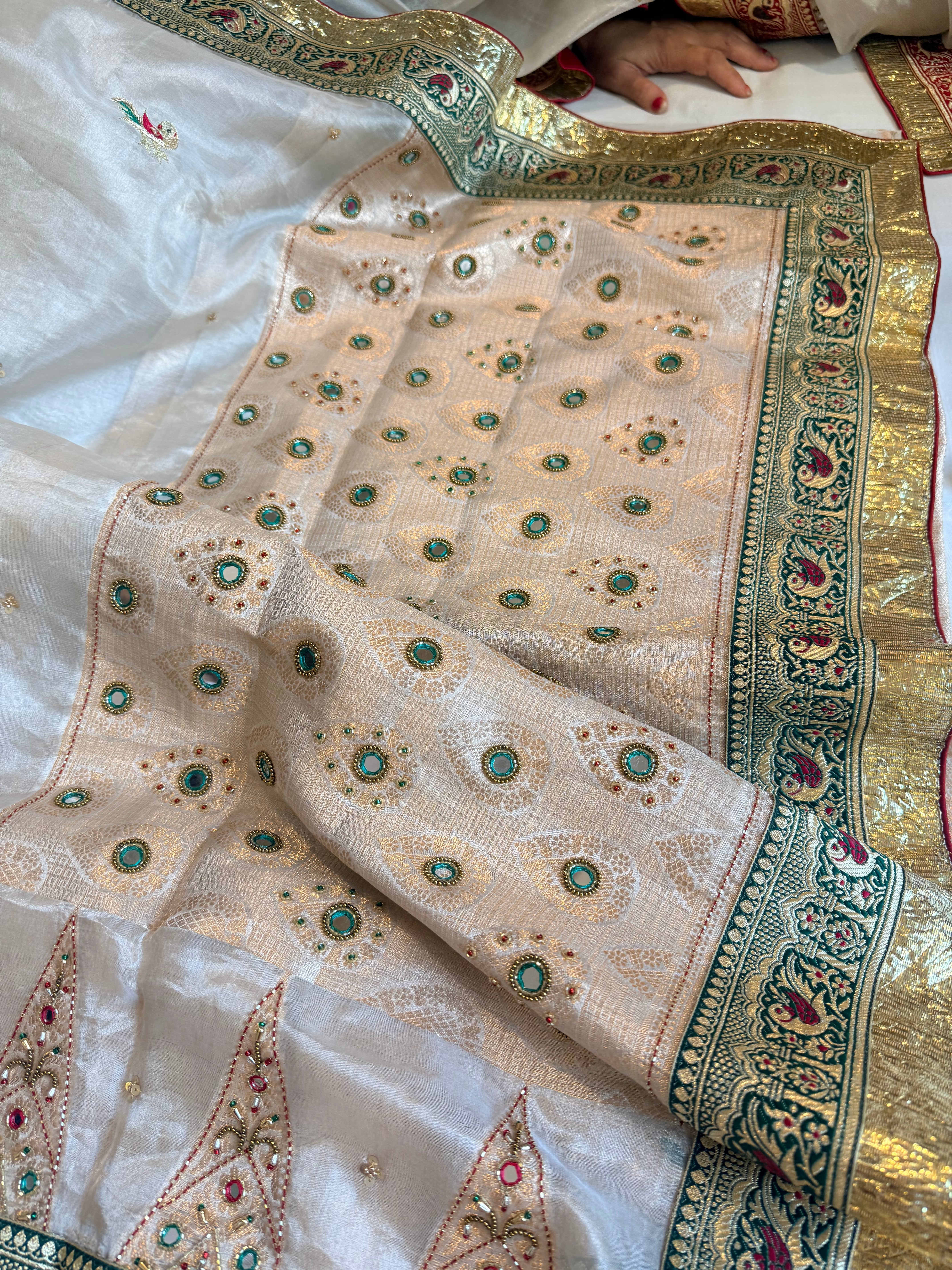 Toran temple border Ivory tissue silk patchwork hand embroidered border saree