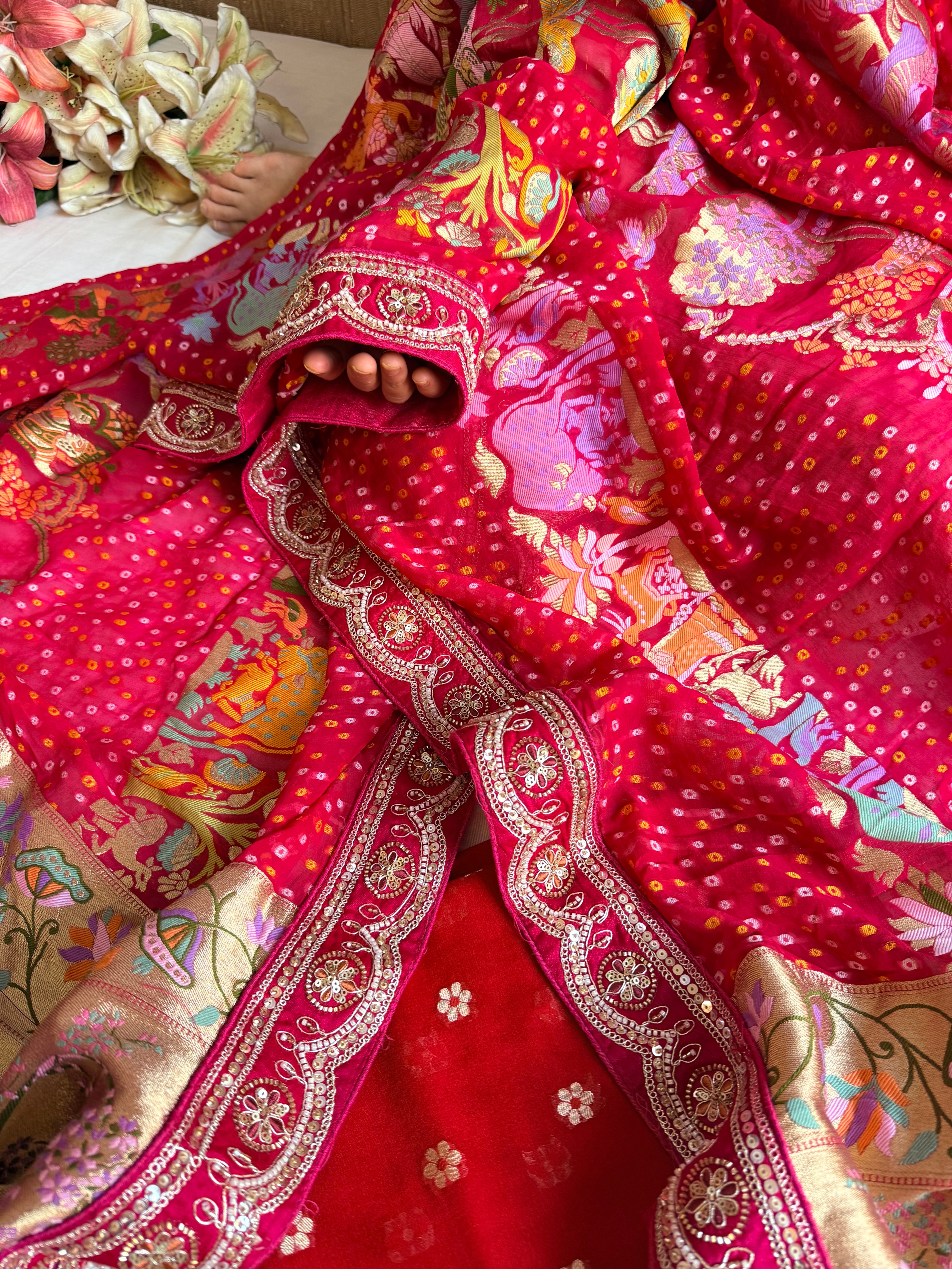 Banarasi rai bandhej radha krishna weaving gorgette kadhwa suit set