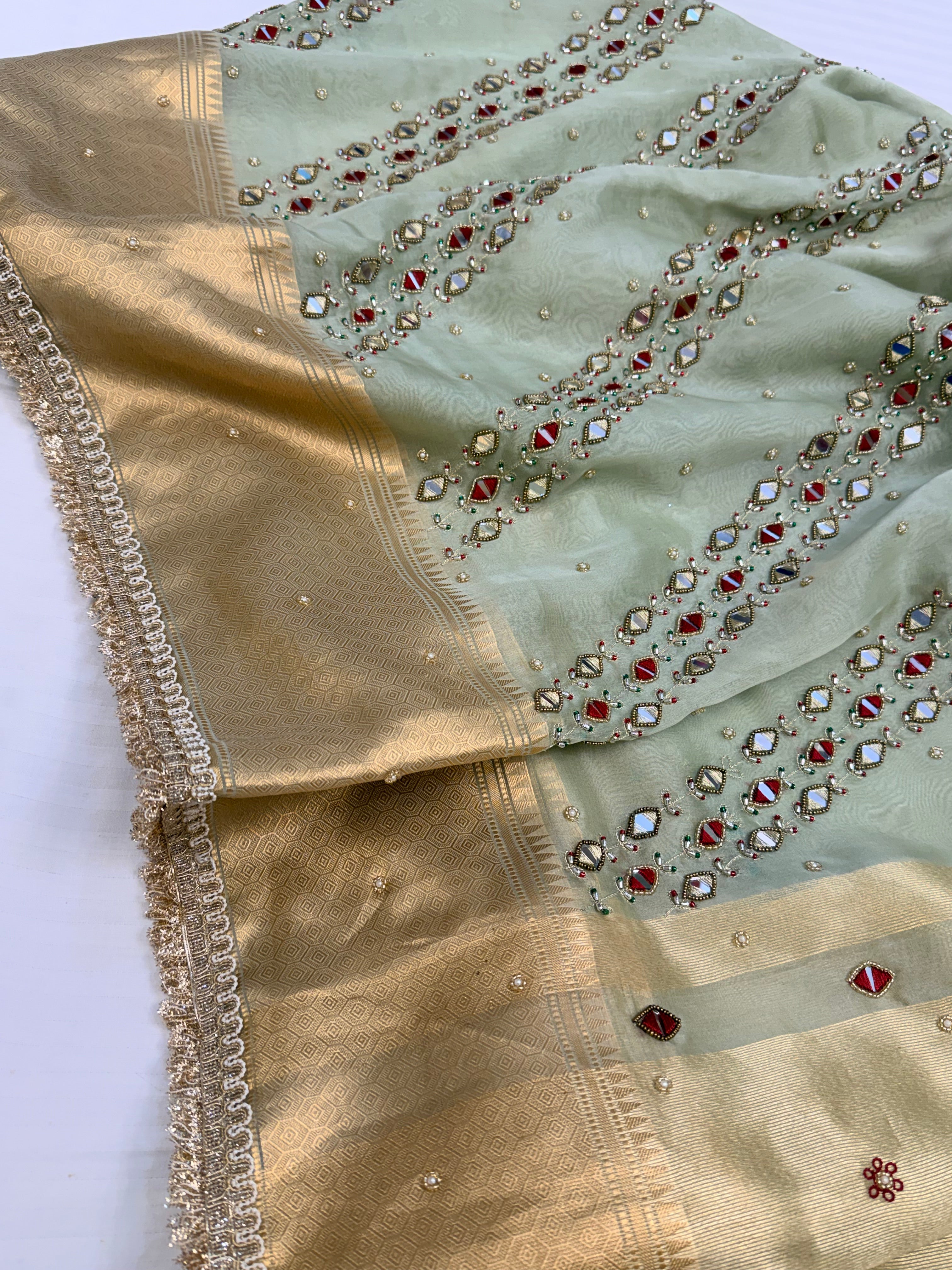 Mint green kora silk banarasi hand embroidered kadhwa saree