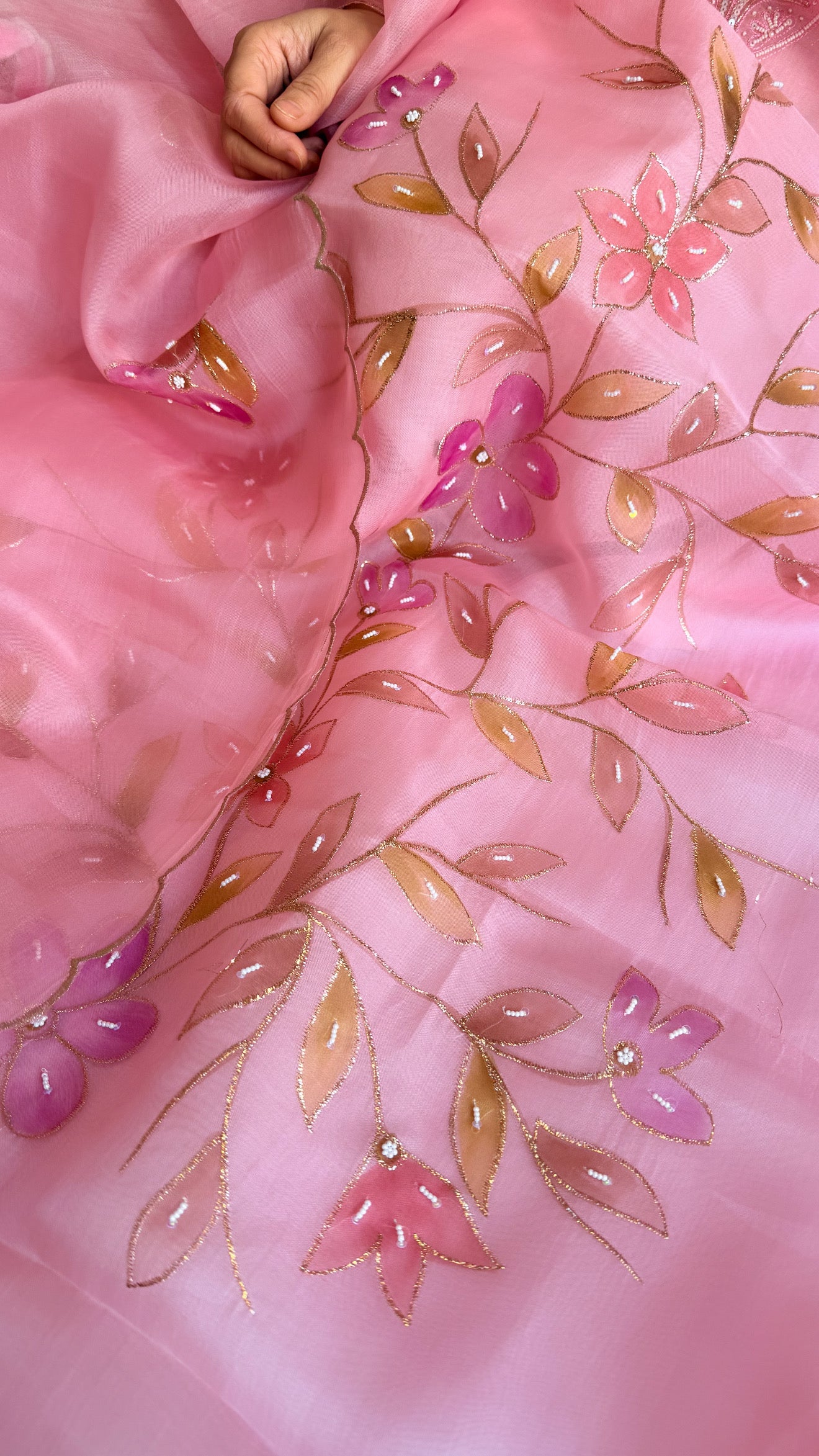 Baagicha edit - Banarasi kora silk handpainted floral hand embroidered suit set