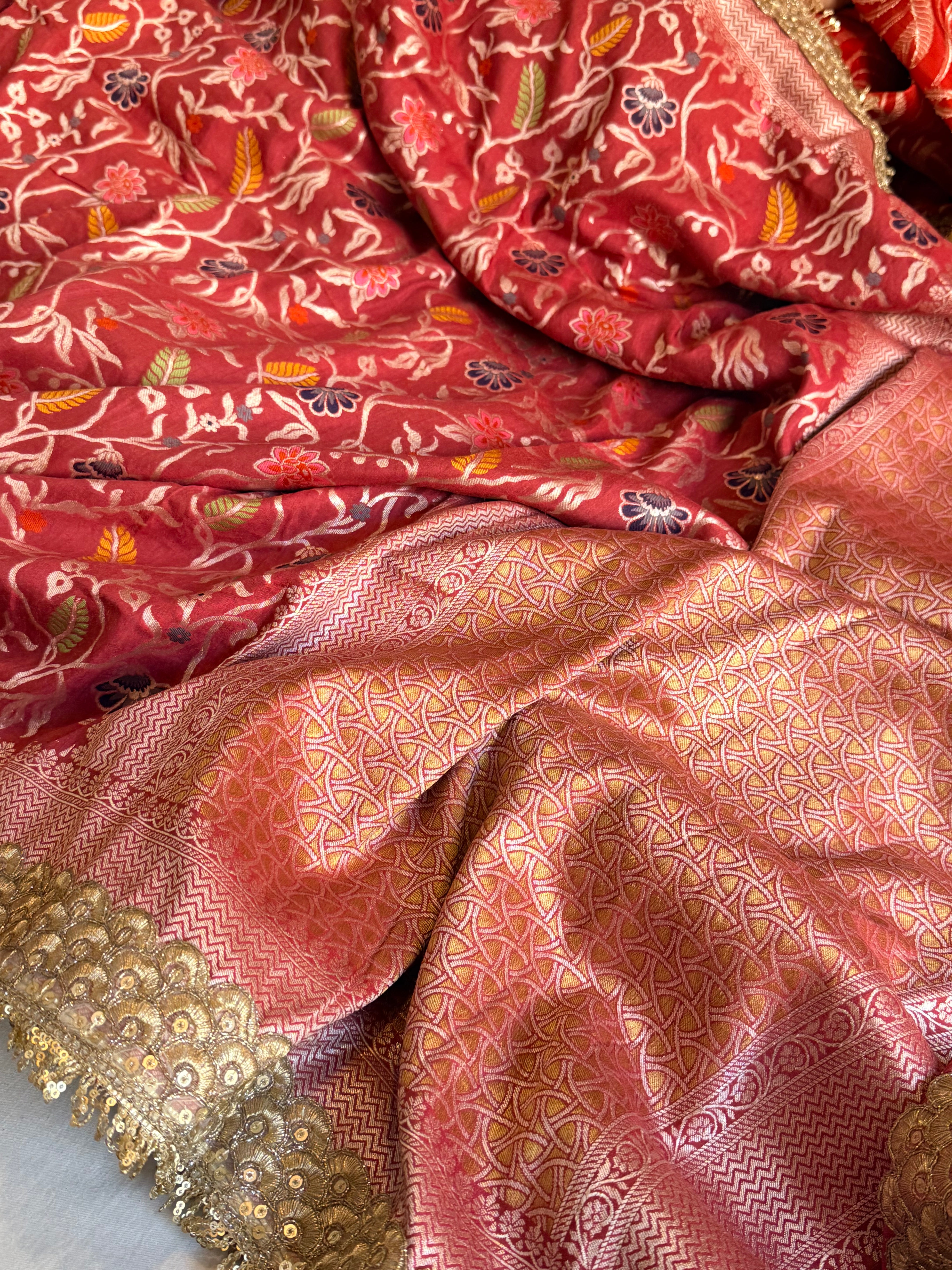 Blood red moonga silk kadhwa jaal meenakari gotapatti saree