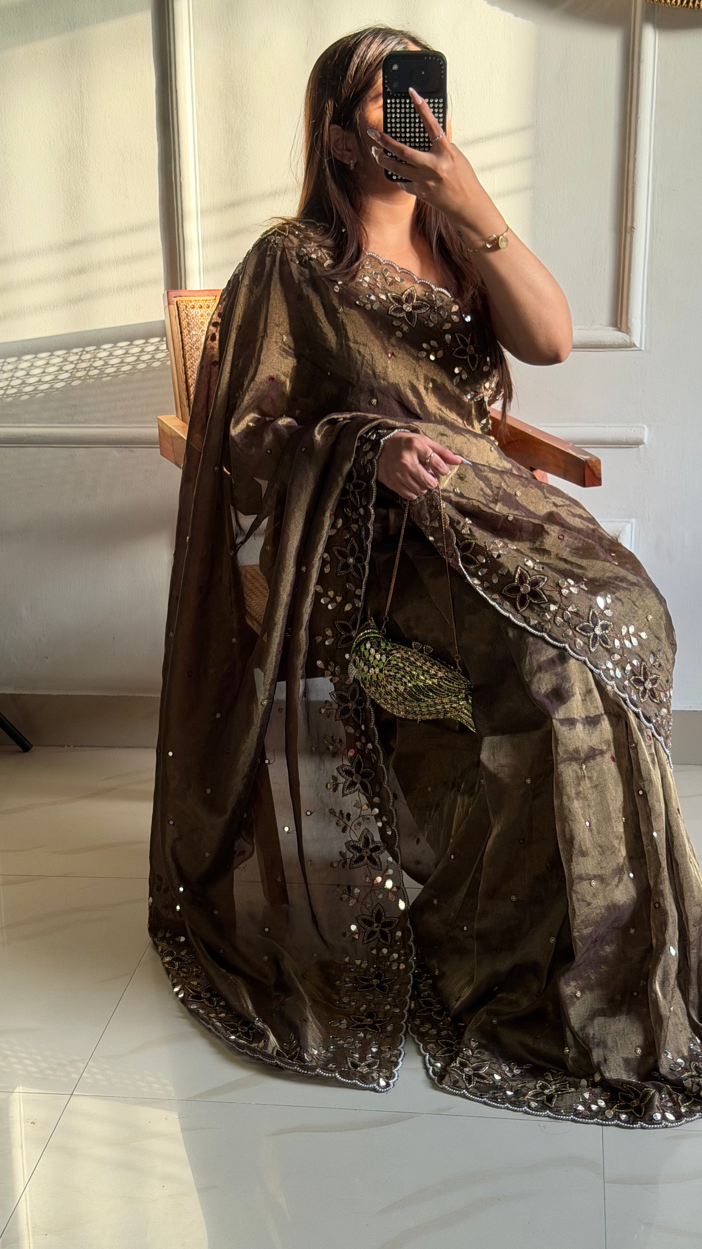 Sheesha aur moti - Chocolate brown mirrorwork and pearlwork hand embroidered saree