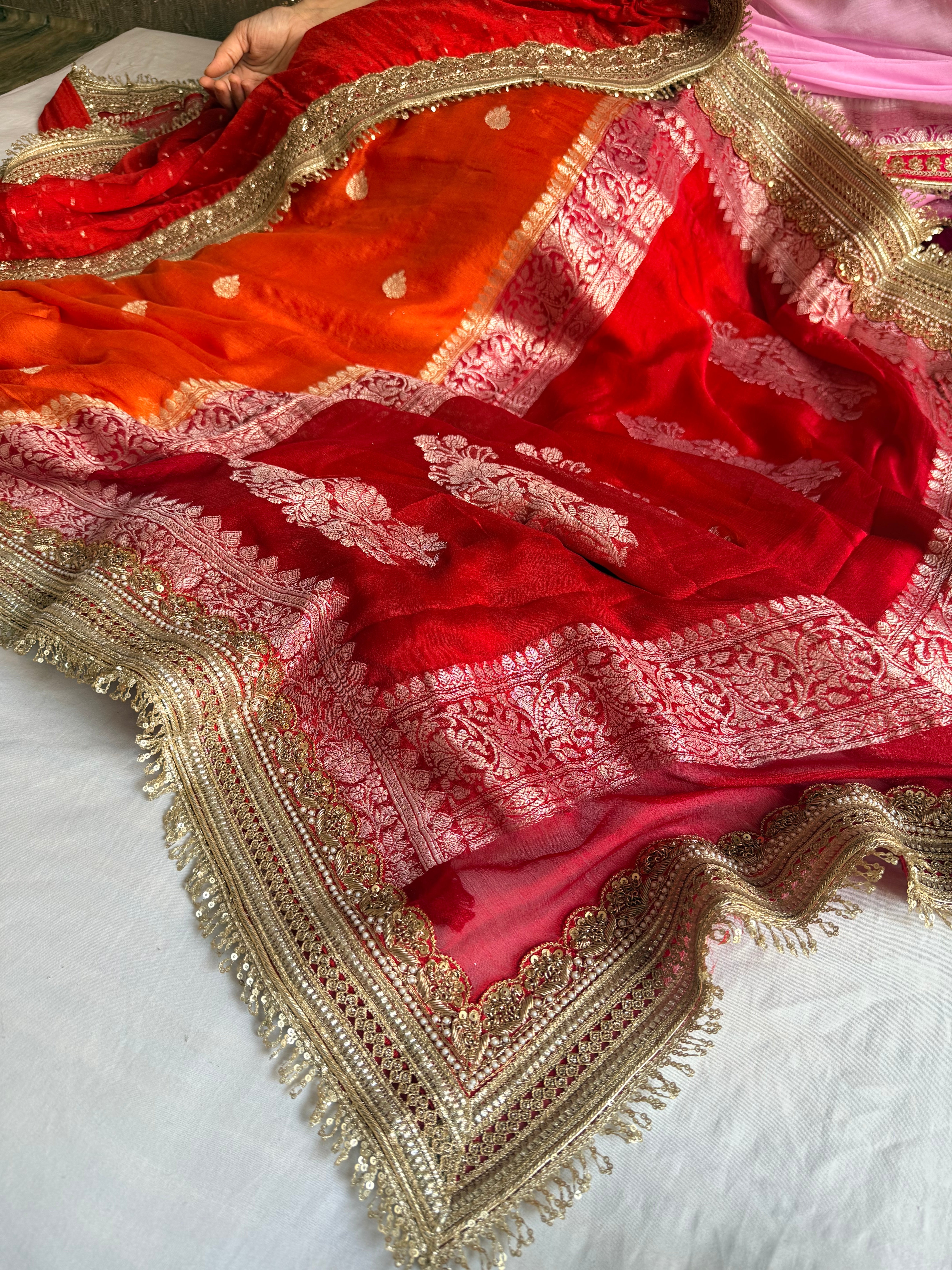 Sridevi edit - Chiffon banarasi gorgette chap dye kadhwa saree duppata set