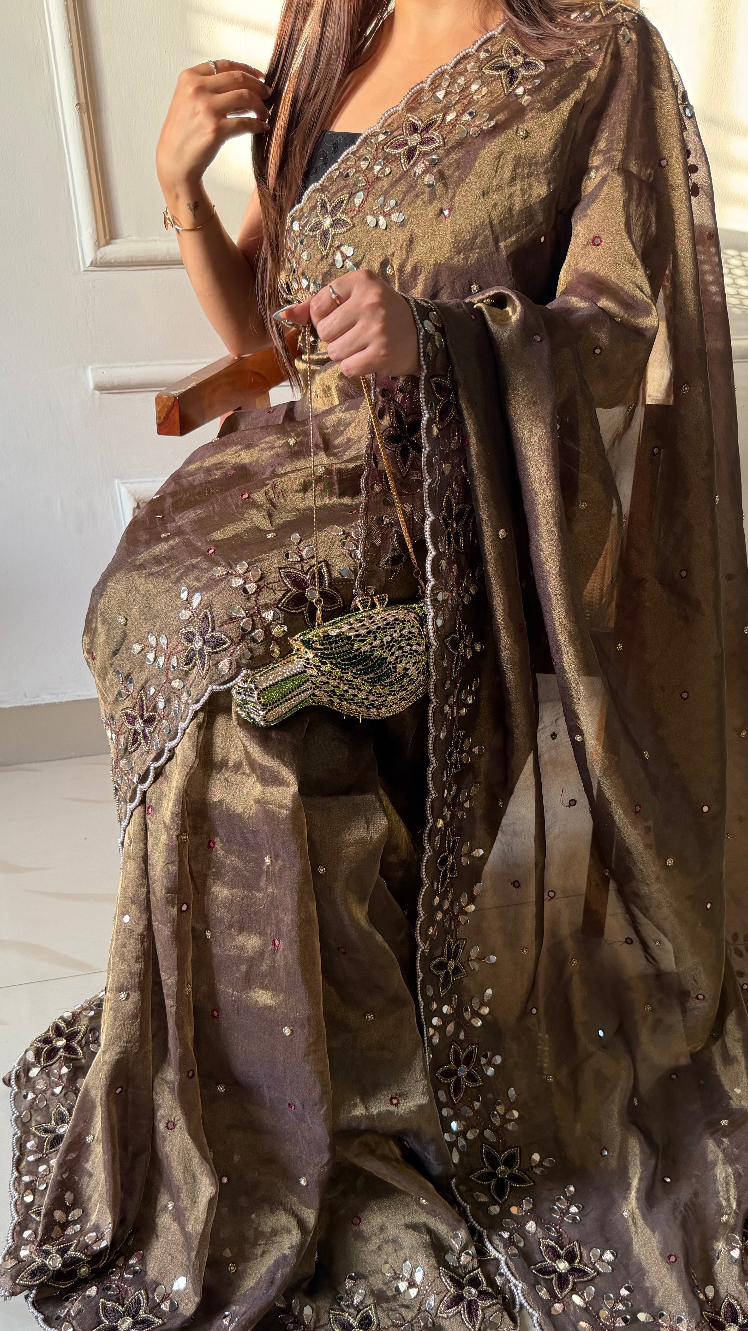 Sheesha aur moti - Chocolate brown mirrorwork and pearlwork hand embroidered saree