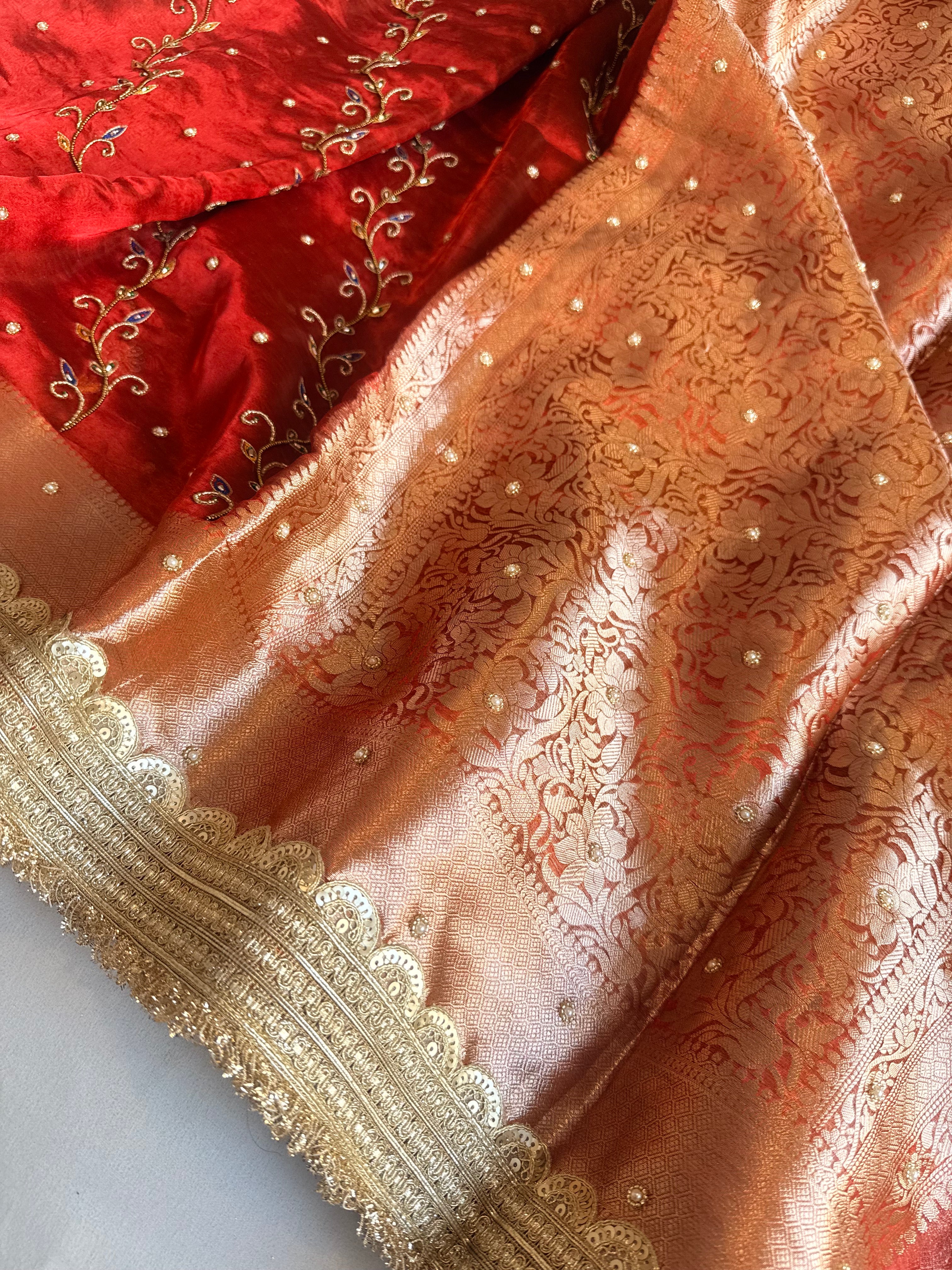 Maharani chand buta kadhwa tissue silk hand embroidered saree duppata set
