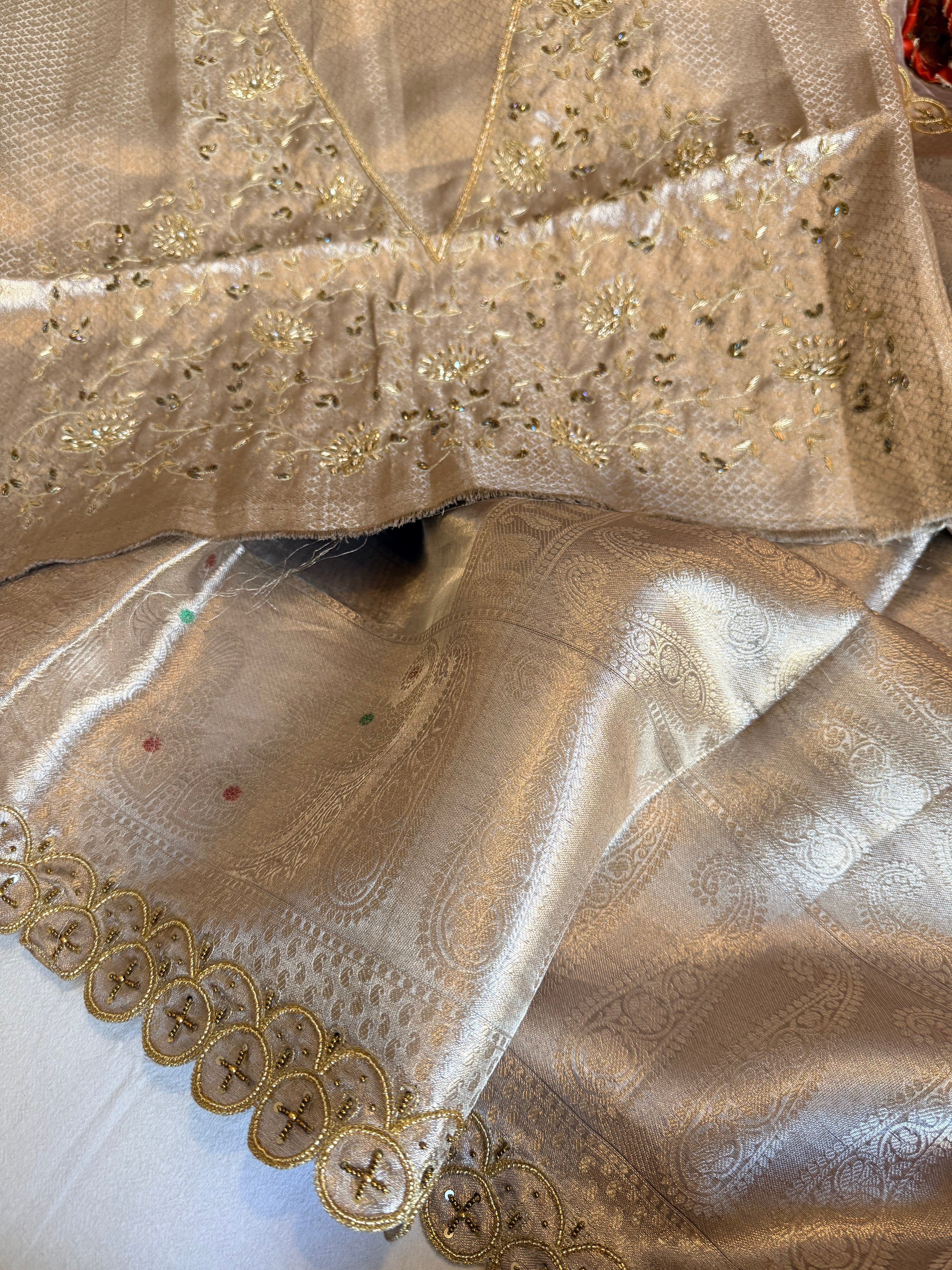 Dusty lilac husn tissue silk hand embroidered kadhwa saree with heavy blouse