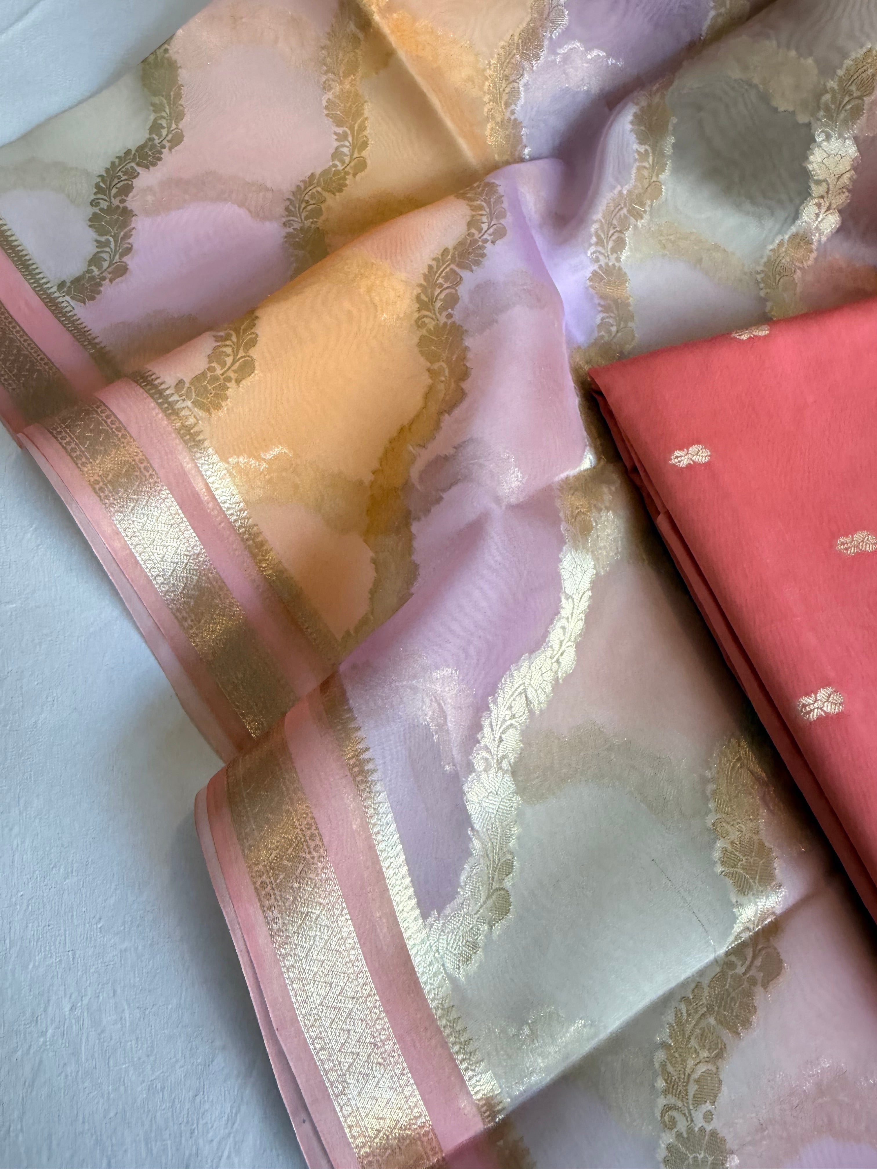 Banarasi chiniya silk kurta paired with candy colours rangkaat kora silk duppata