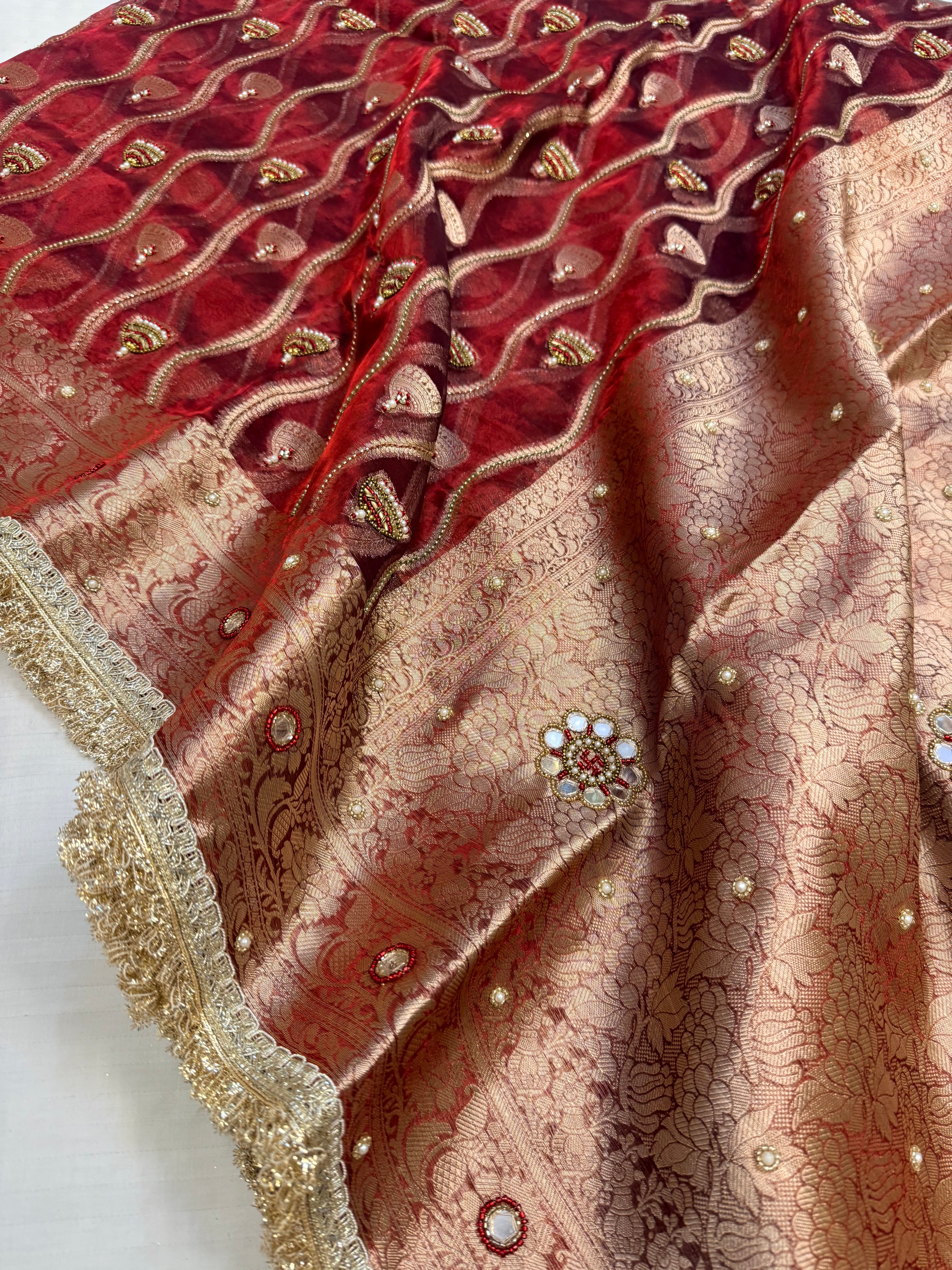 Blood metallic red husn jaalwork tissue silk hand embroidered saree