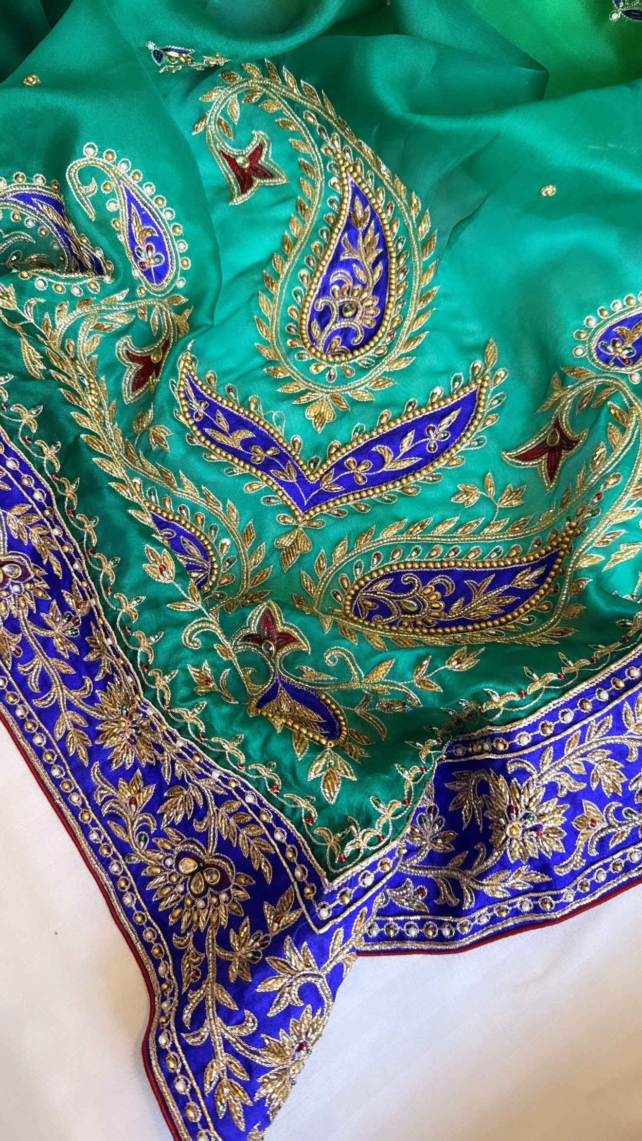 Mummy ki purani wali saree edit - Blue-green-purple kora silk kadhwa hand embroidered saree