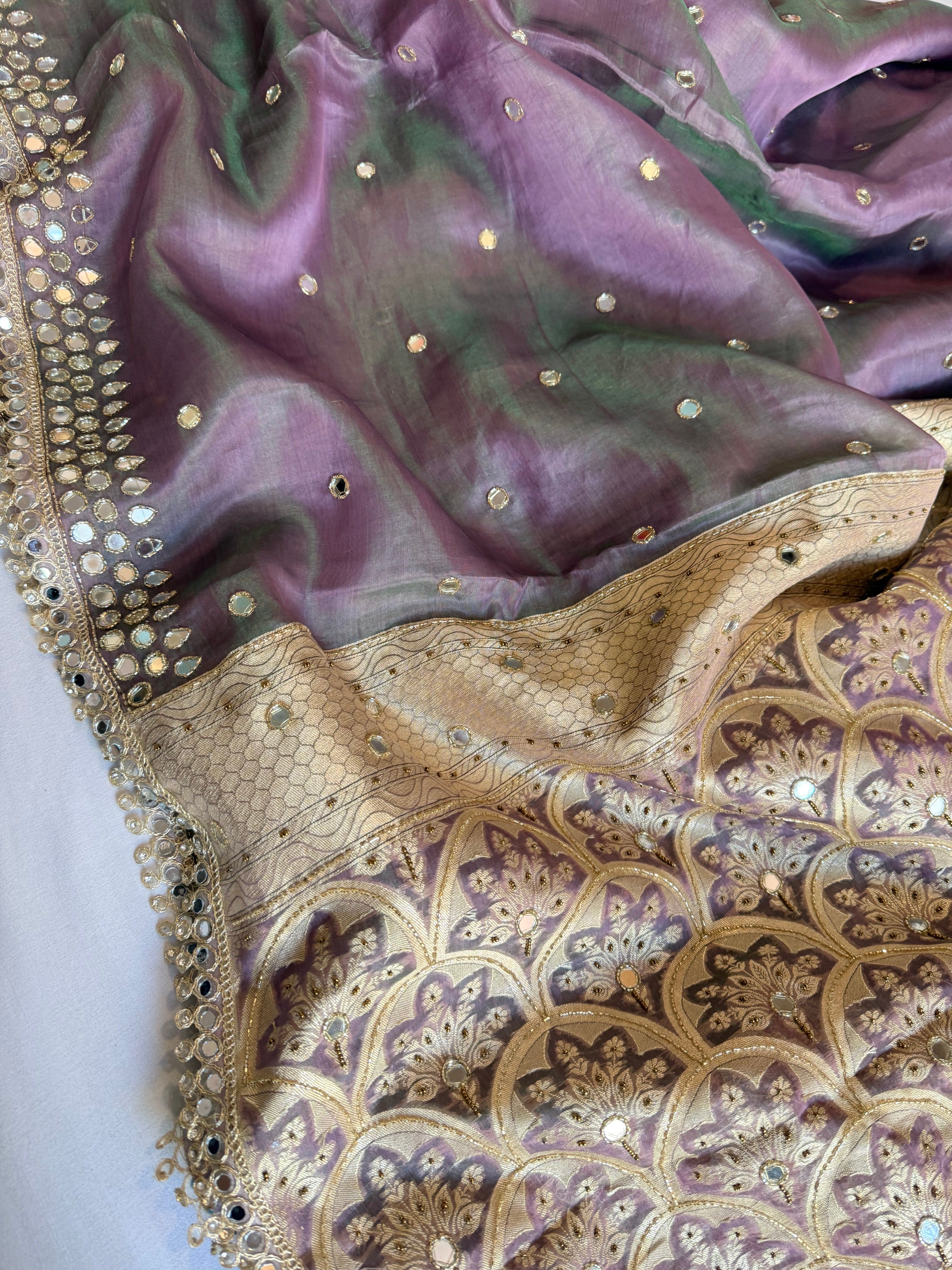 Dhup chao effect tissue silk mirrorwork hand embroidered Paithani pallu kadhwa saree