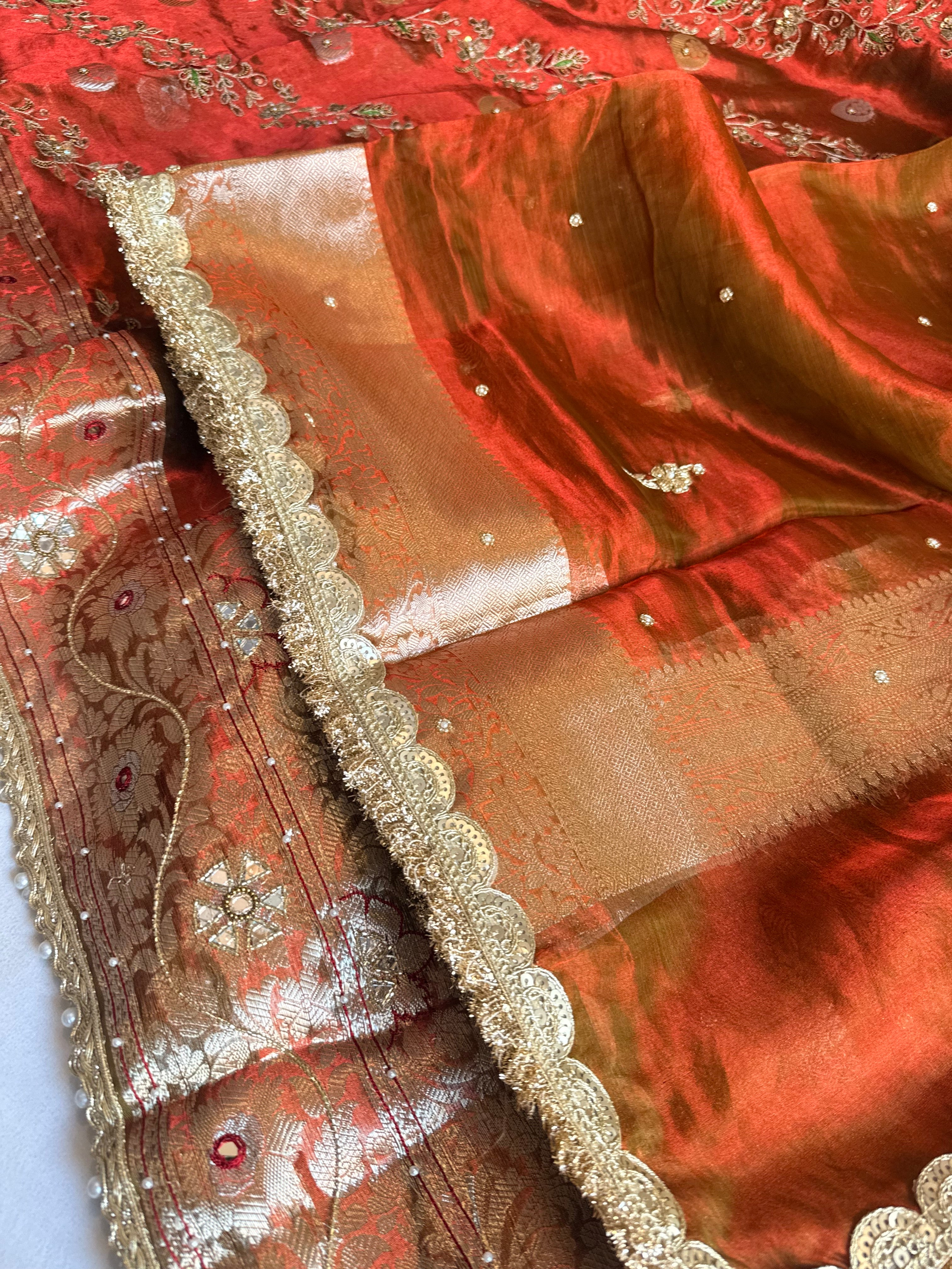 Maharani chand buta kadhwa tissue silk hand embroidered saree duppata set