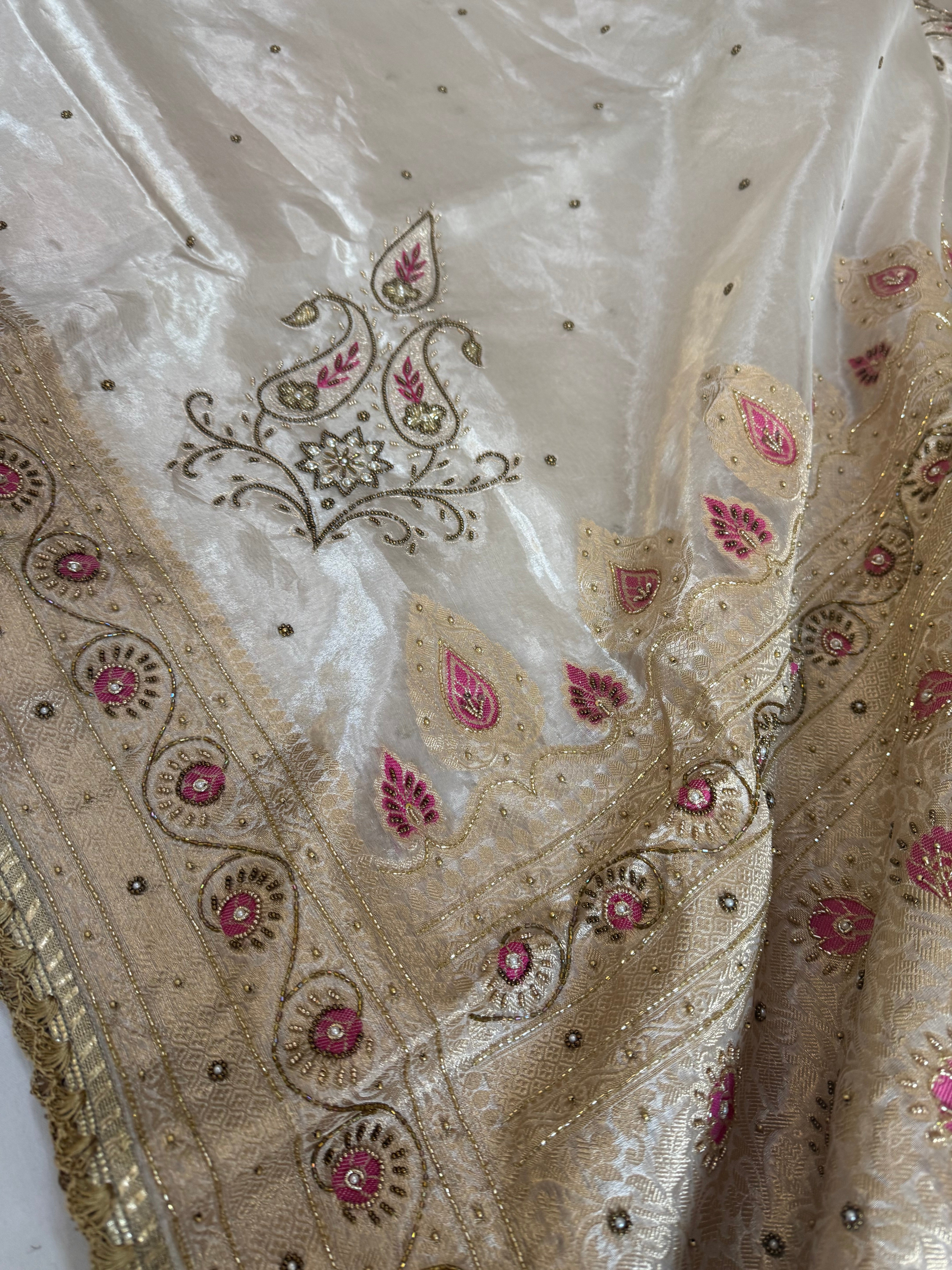 Moonlight silver diamond tissue silk pink meenakari hand embroidered kadhwa saree
