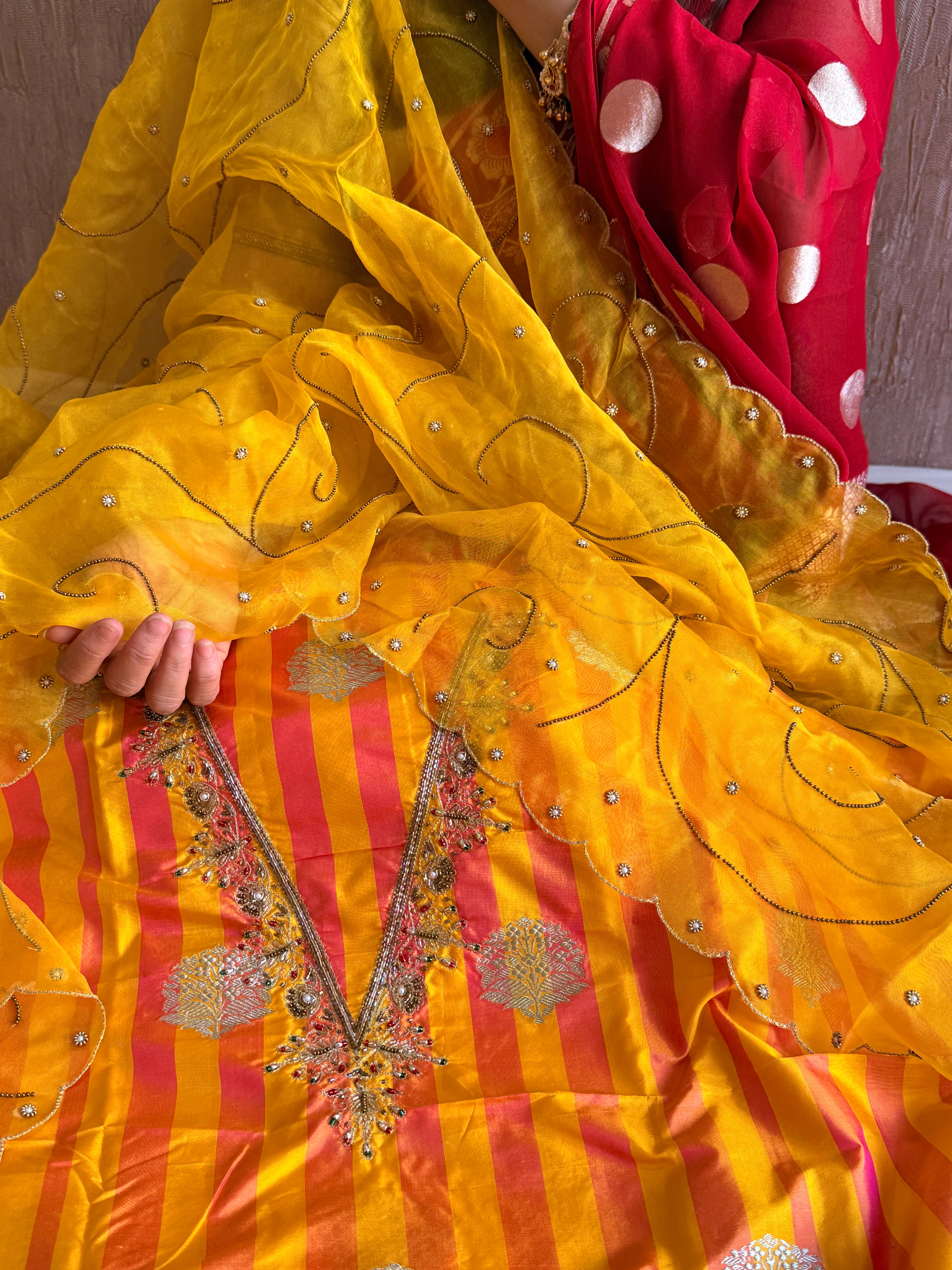 Katan silk striped kadhwa hand embroidered dhup chao effect suit set