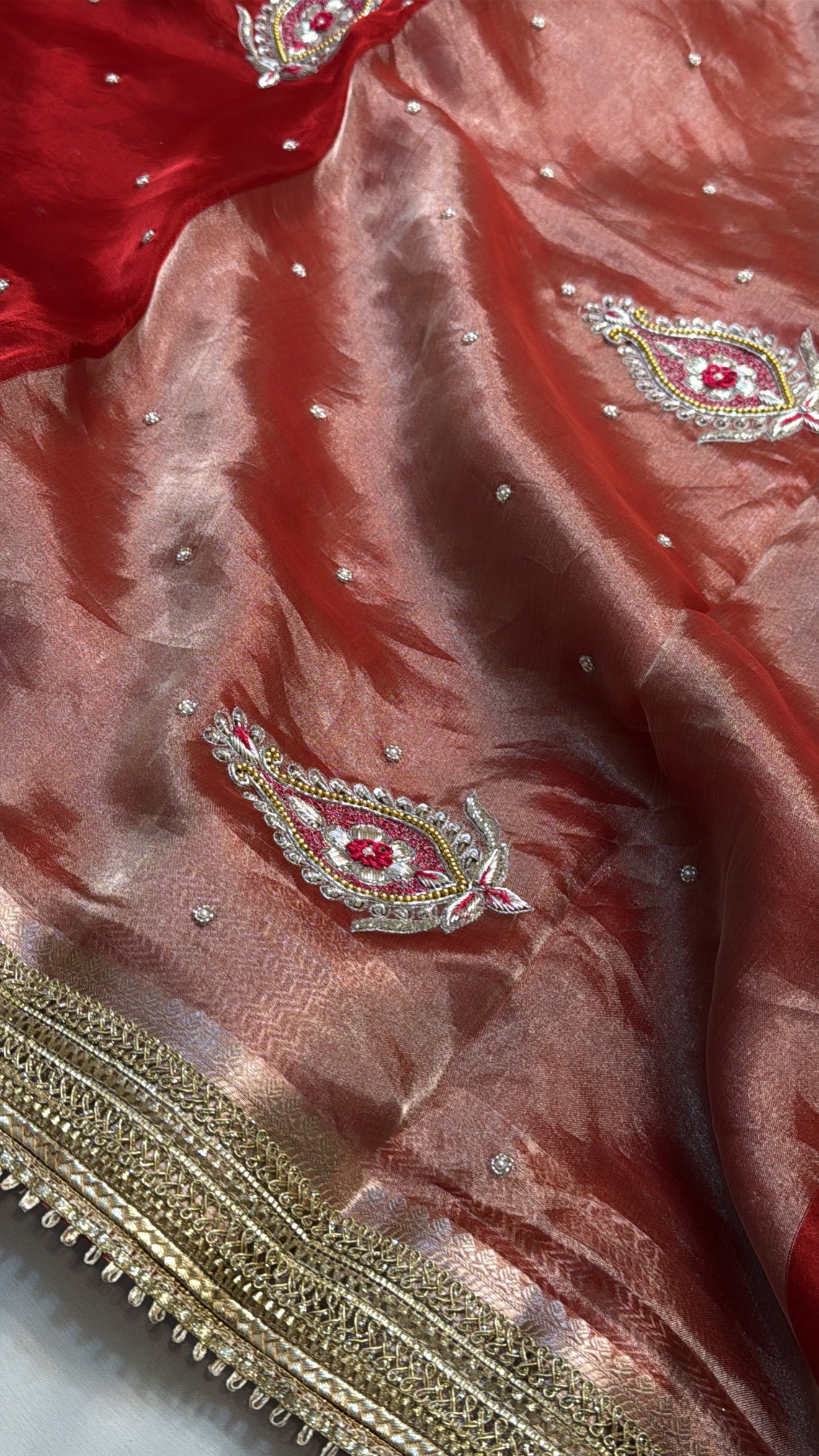 Dulhan ka joda husn red tissue silk hand embroidered kadhwa saree