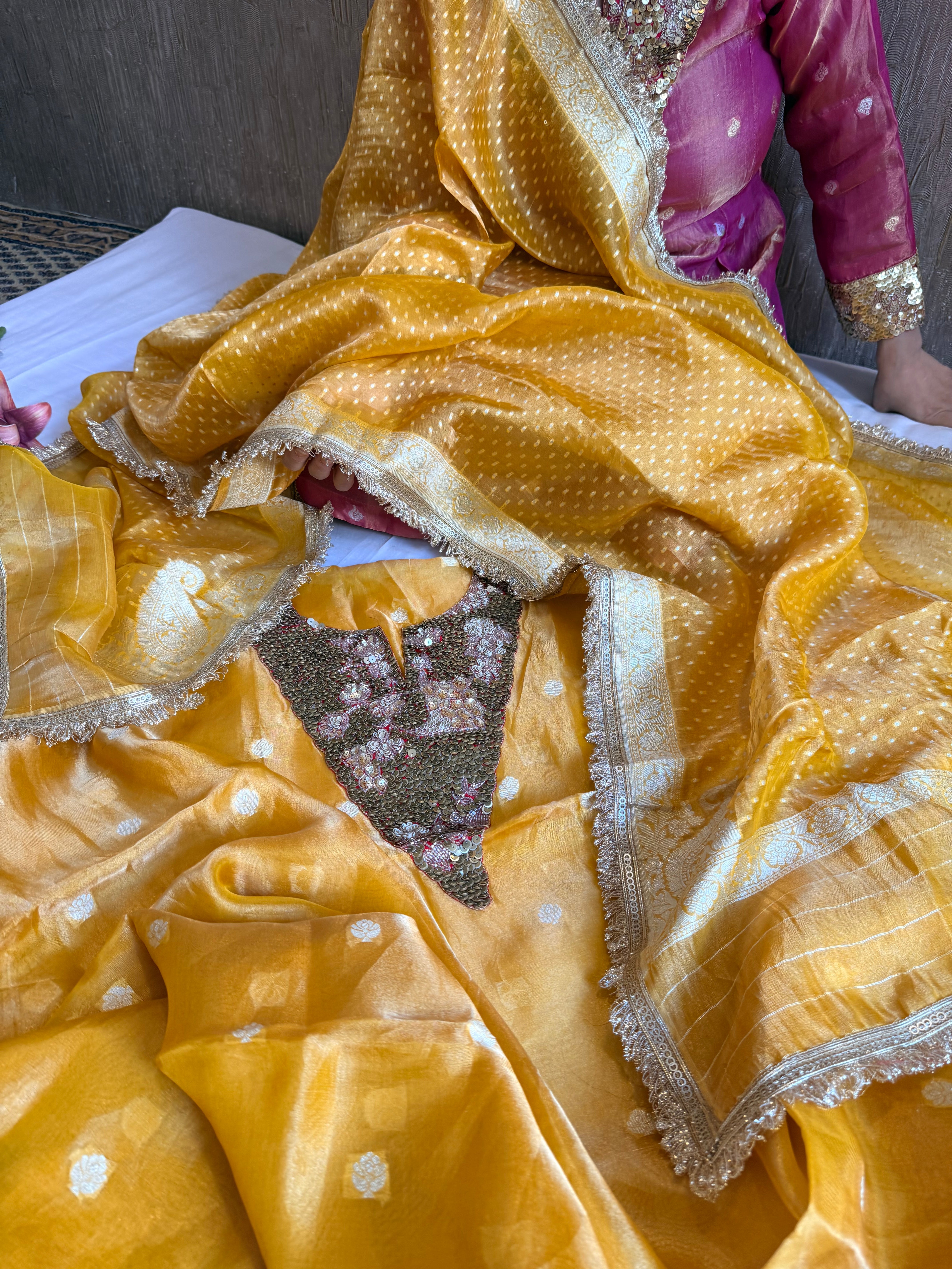 Karwachauth edit tissue silk sequins work hand embroidered suits