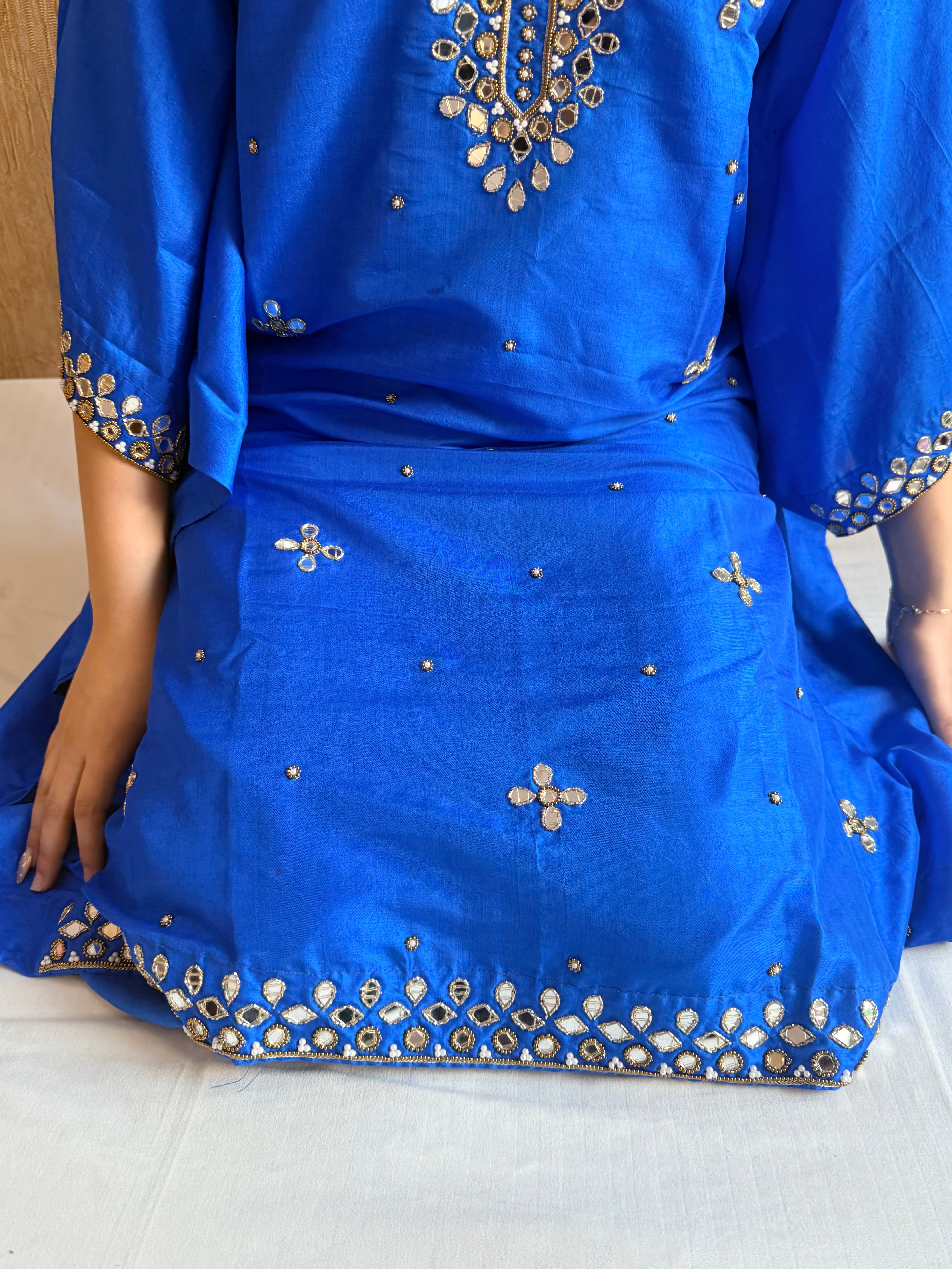 Mashru satin silk banarasi mirrorwork free size kaftan set with bottom