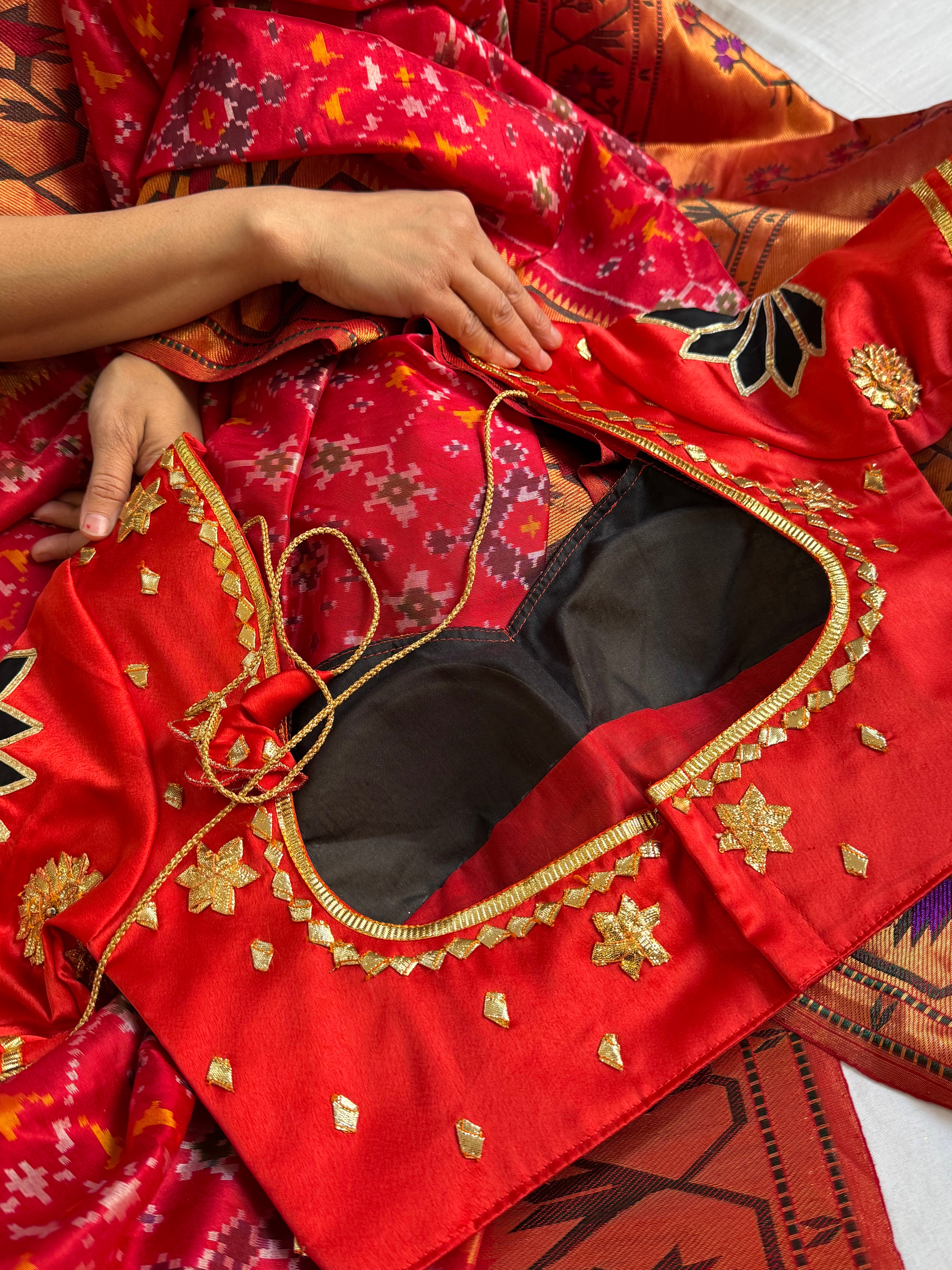 Aangi blouse - Red & Black mashru satin silk stitched free size aangi hand embroidered blouse