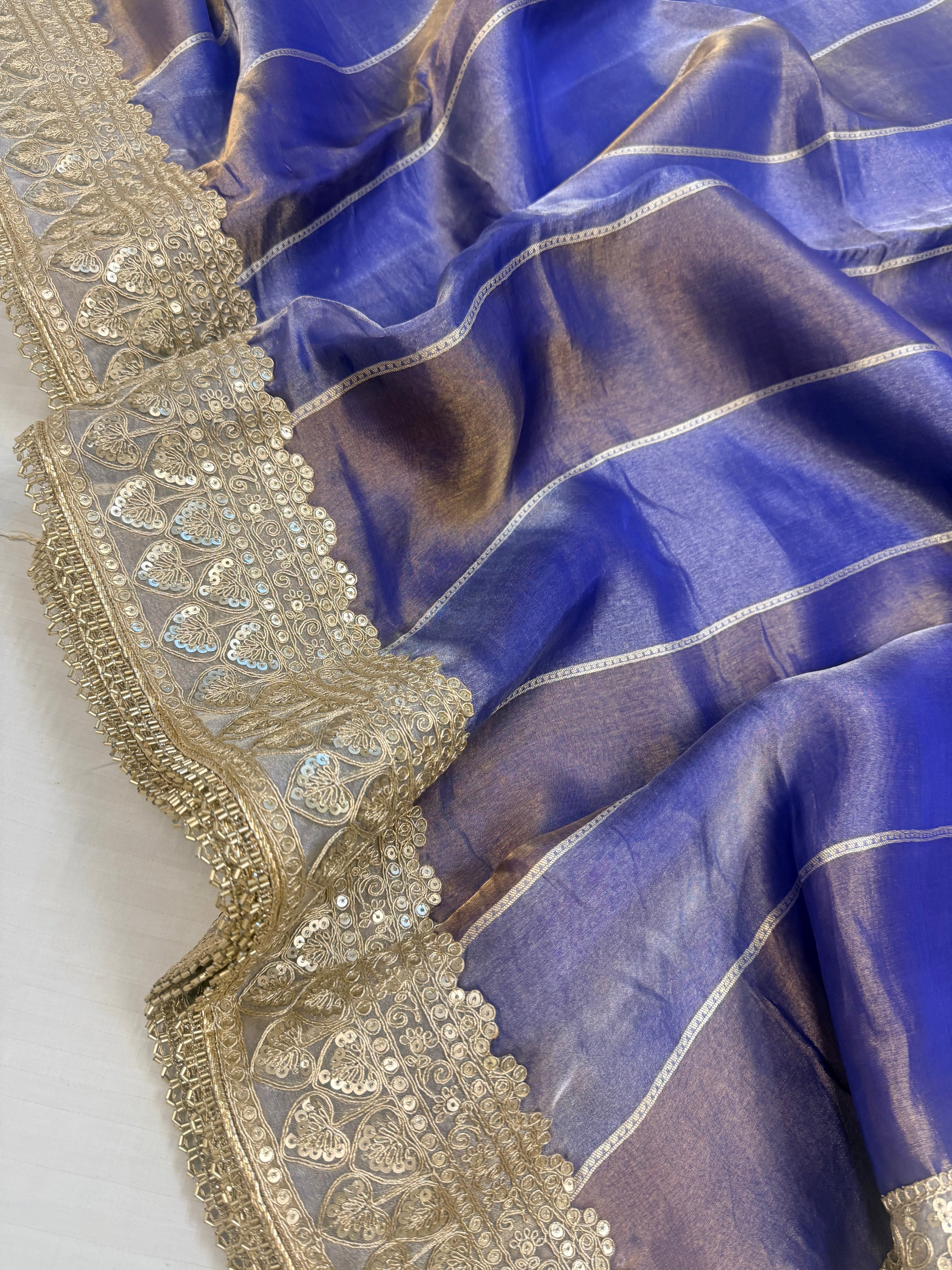 Violet purple tissue silk striped kadhwa gotapatti saree