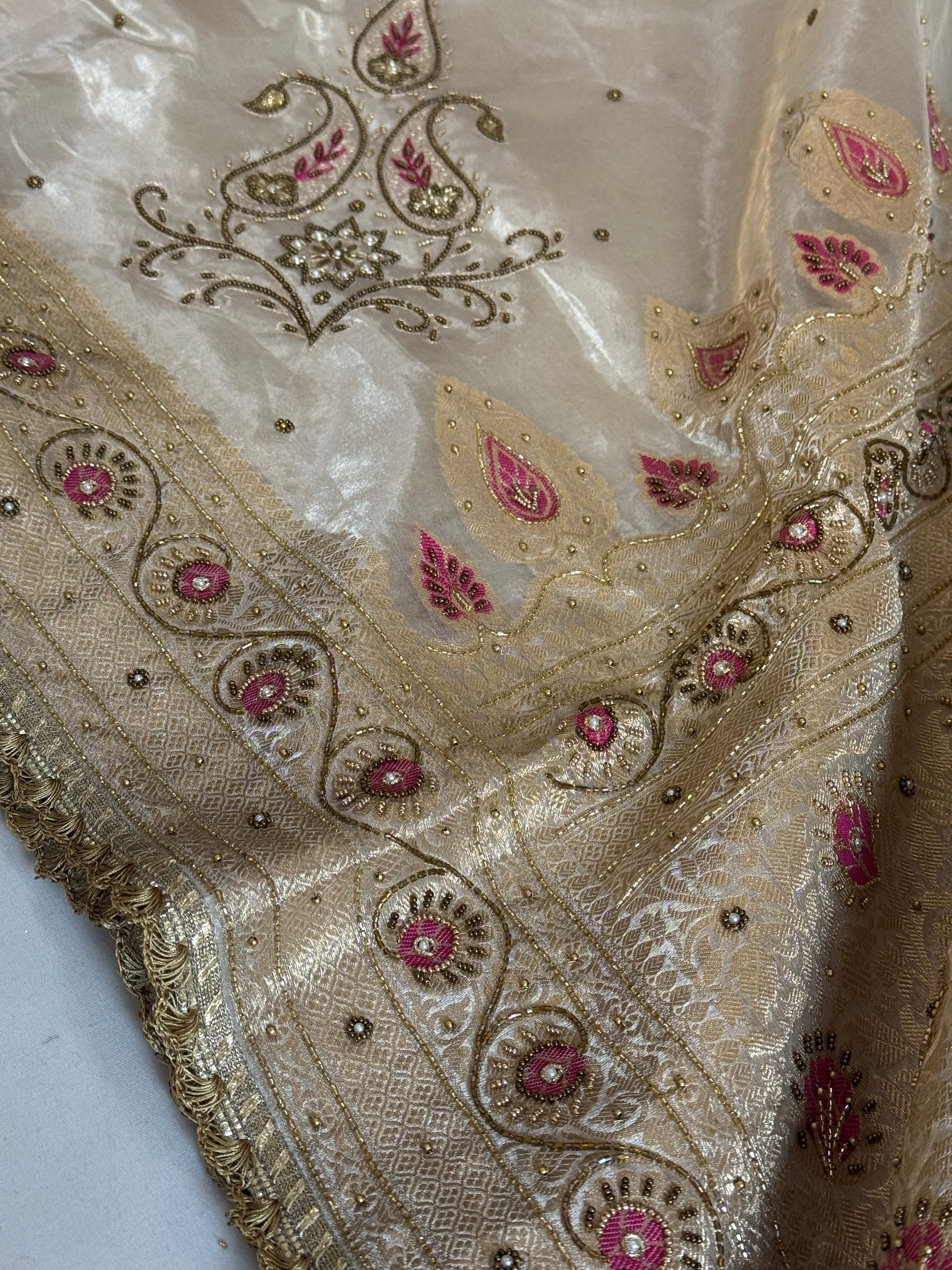 Moonlight silver diamond tissue silk pink meenakari hand embroidered kadhwa saree
