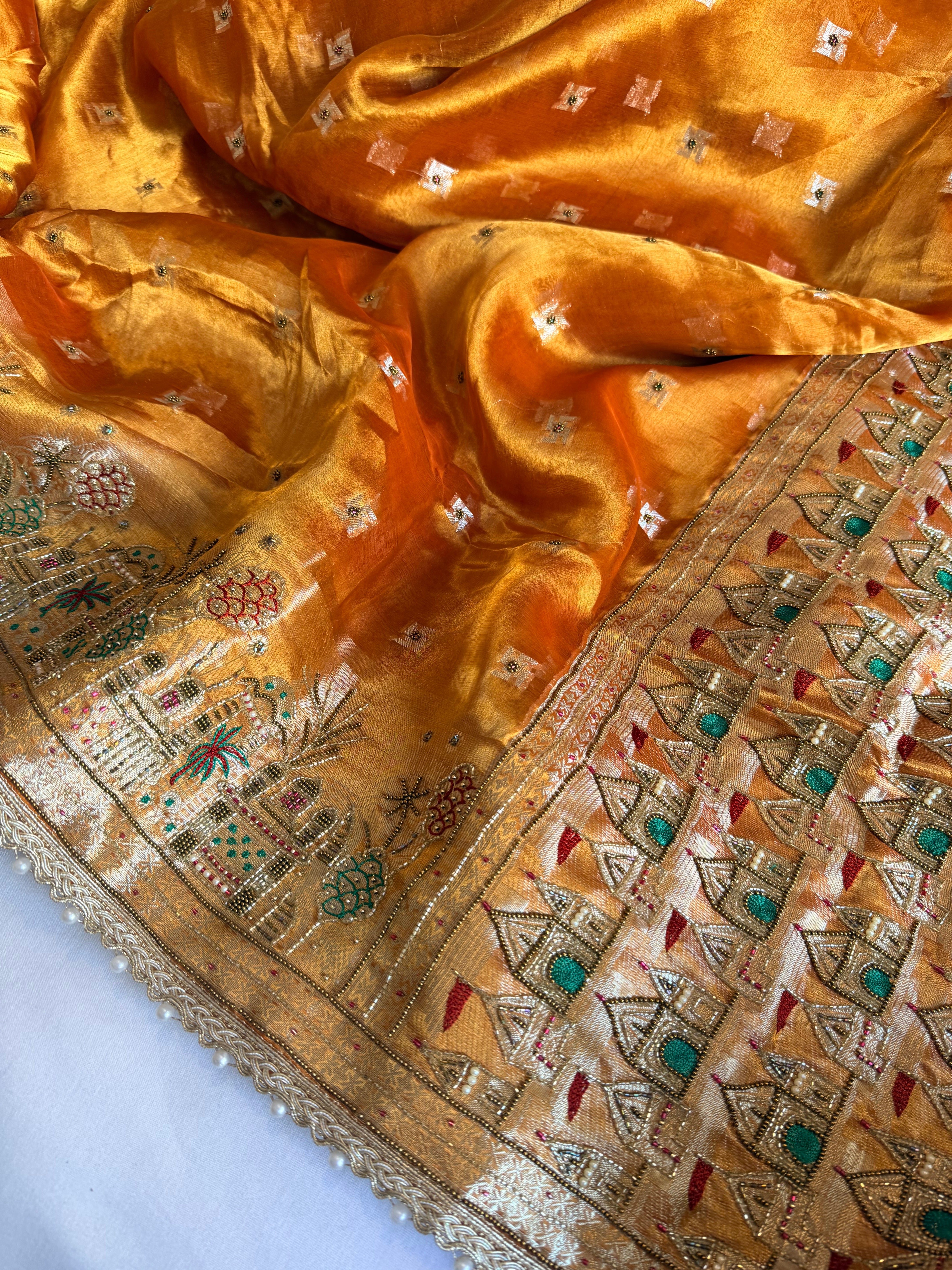Ganga-darshan edit - Tissue silk kanjivaram orange hand embroidered kadhwa saree