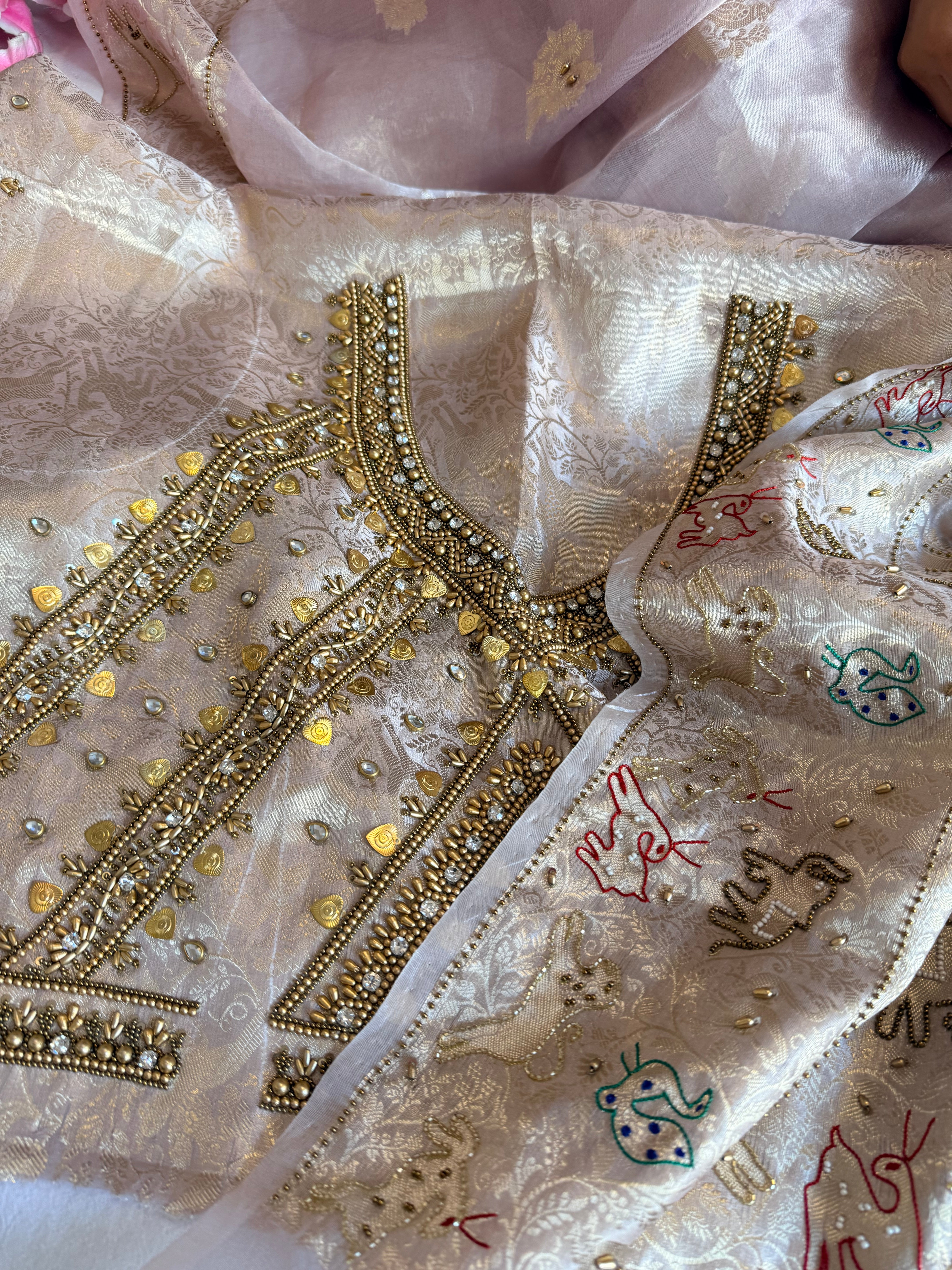 Vrindavan edit saree - Nude lilac diamond tissue silk hand embroidered jadau work saree
