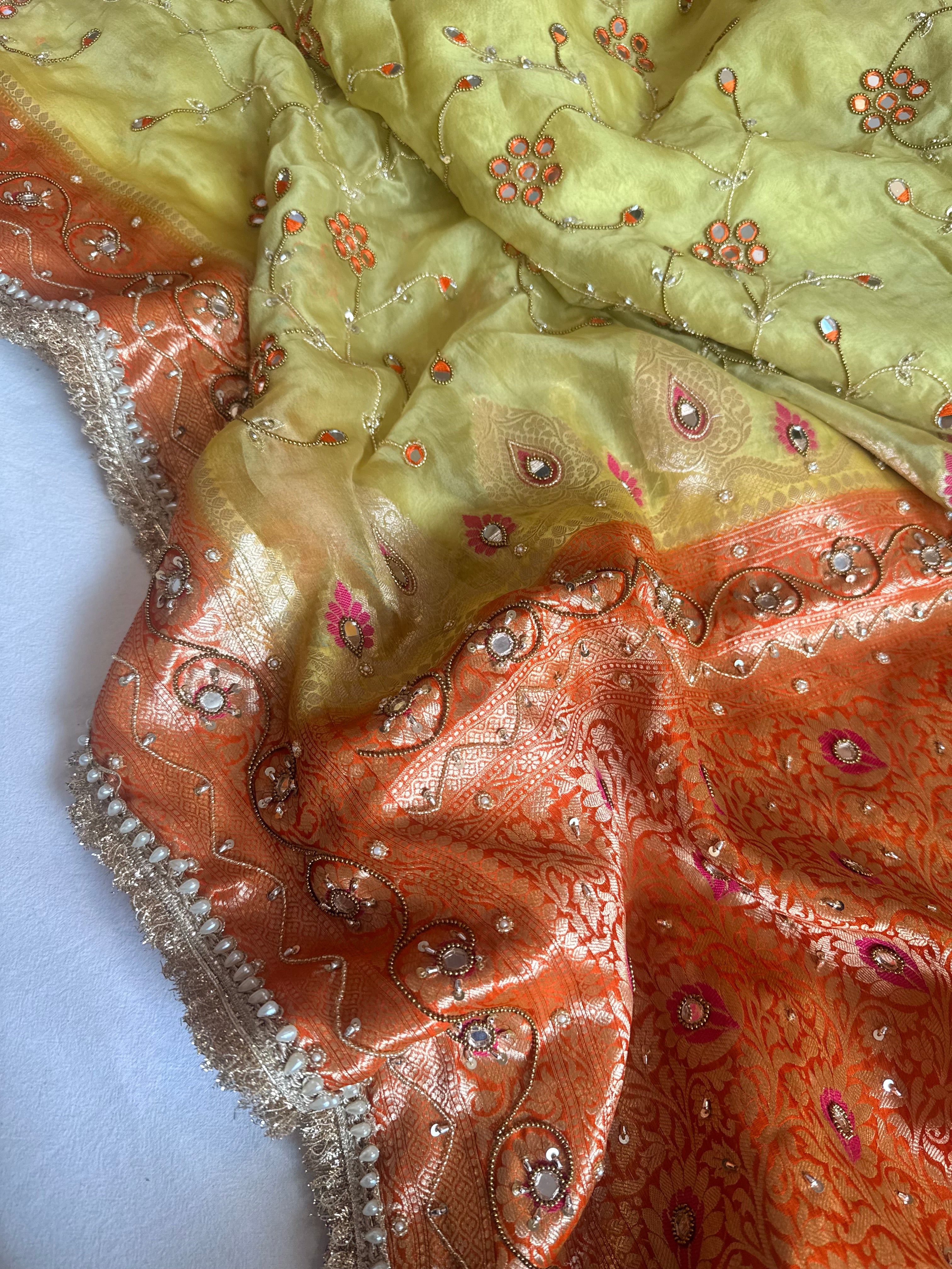 Haldi yellow-sindoori orange husn kora silk mirror work hand embroidered saree