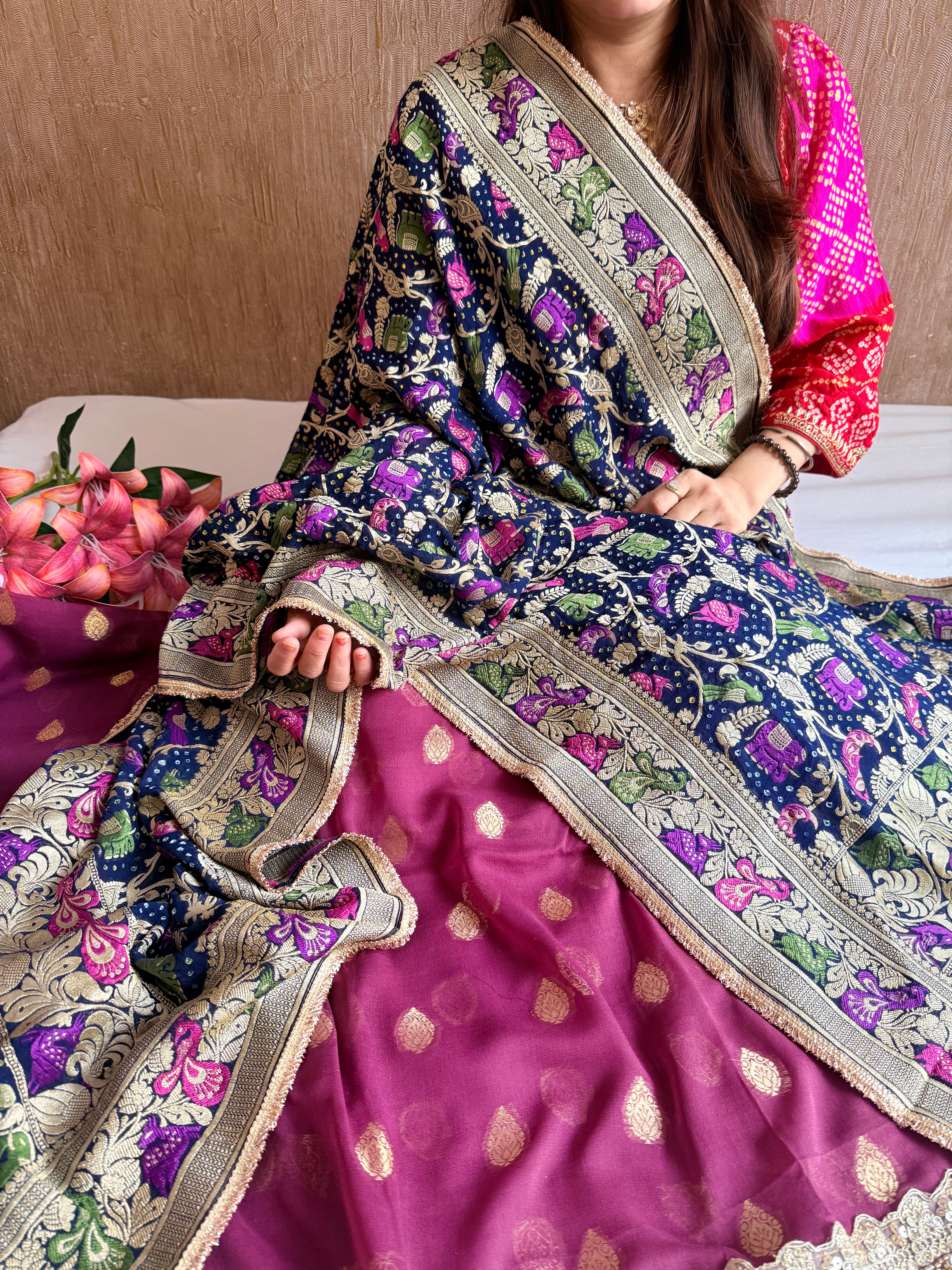 Rai bandhej chiffon gorgette sequin work hand embroidered suit set