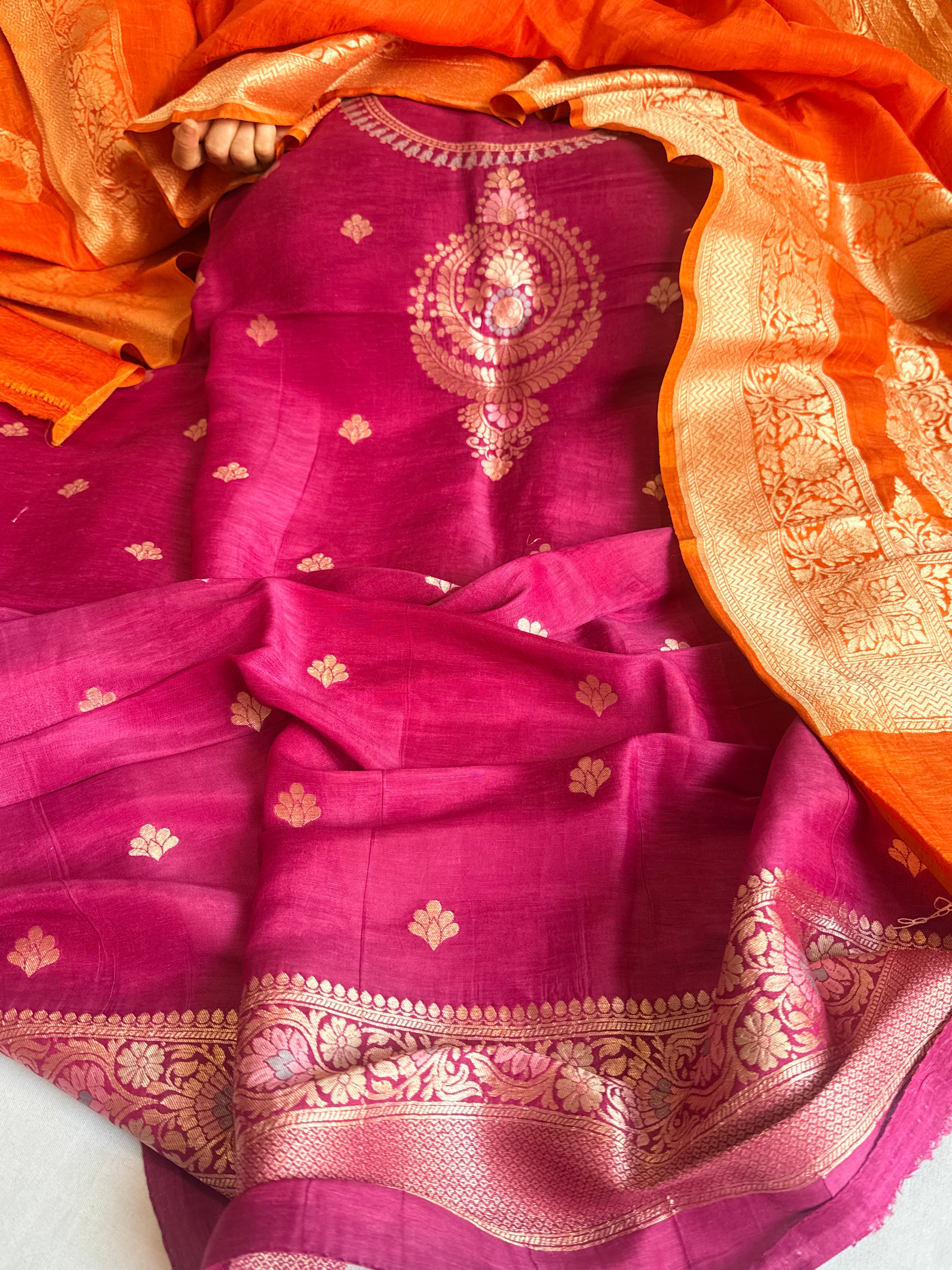 Banarasi linen gorgette neckwork weaving meenakari suit set