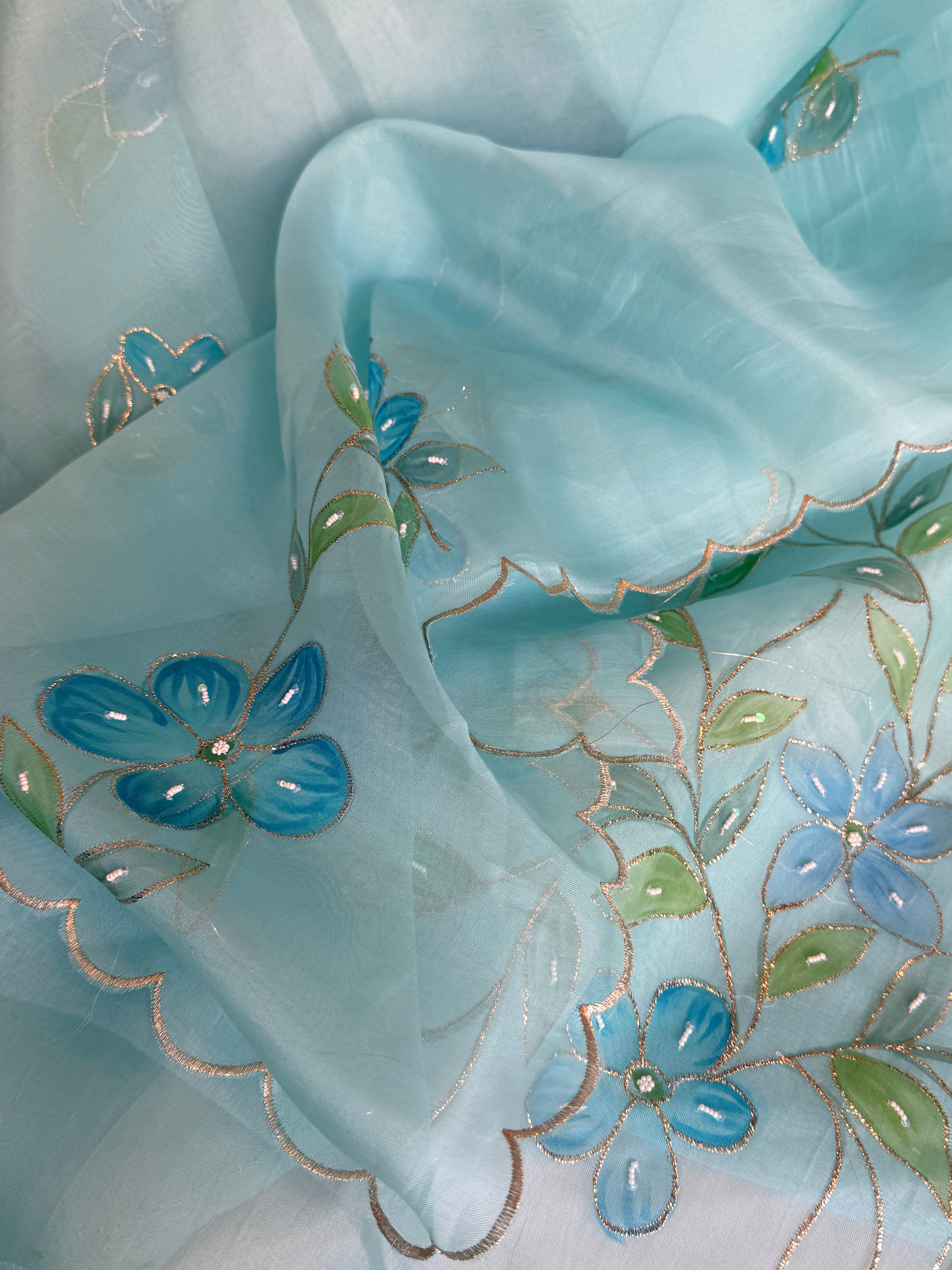 Baagicha edit - Banarasi kora silk handpainted floral hand embroidered suit set