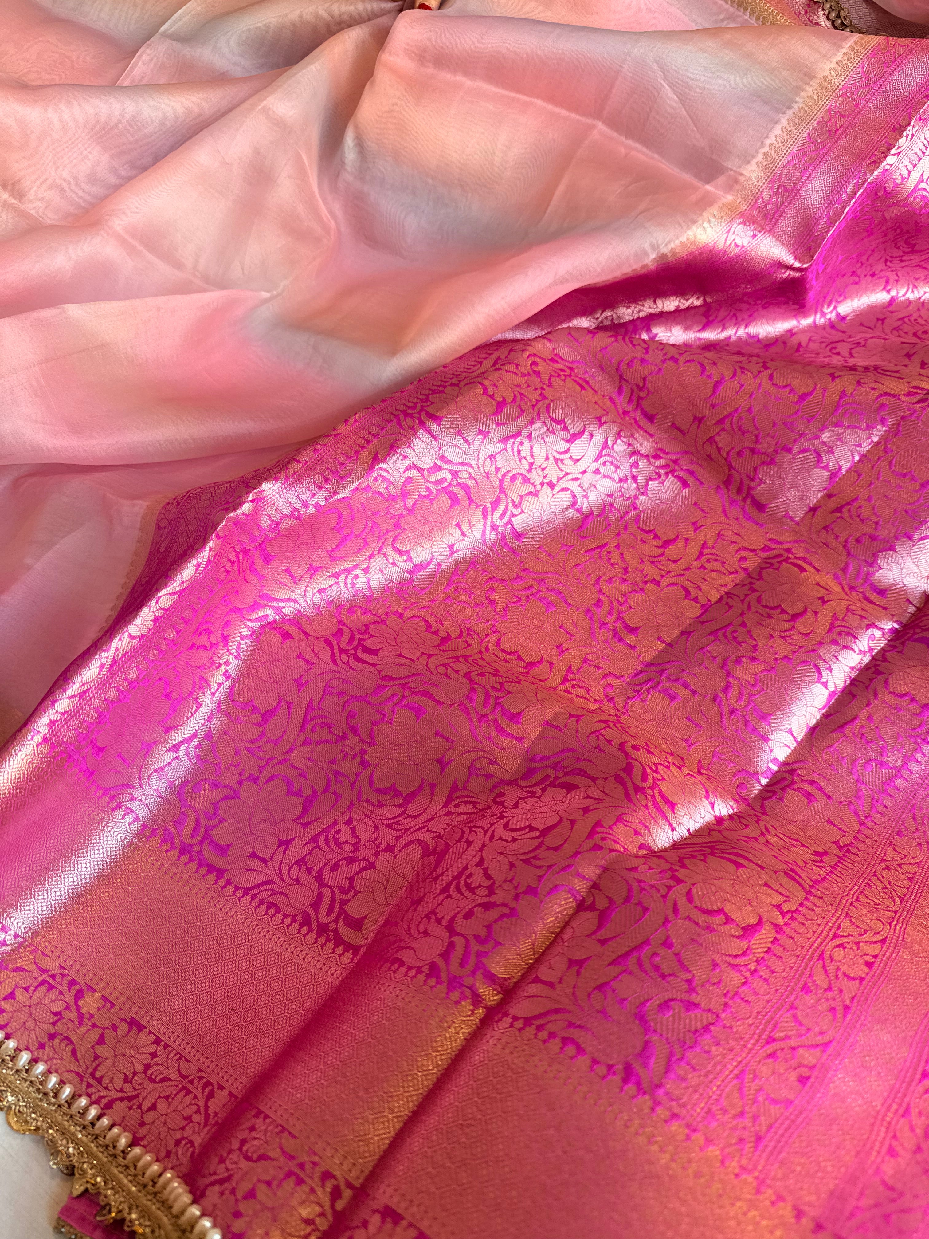 Banarasi kora silk rainbow dyed kadhwa saree with gotapatti work