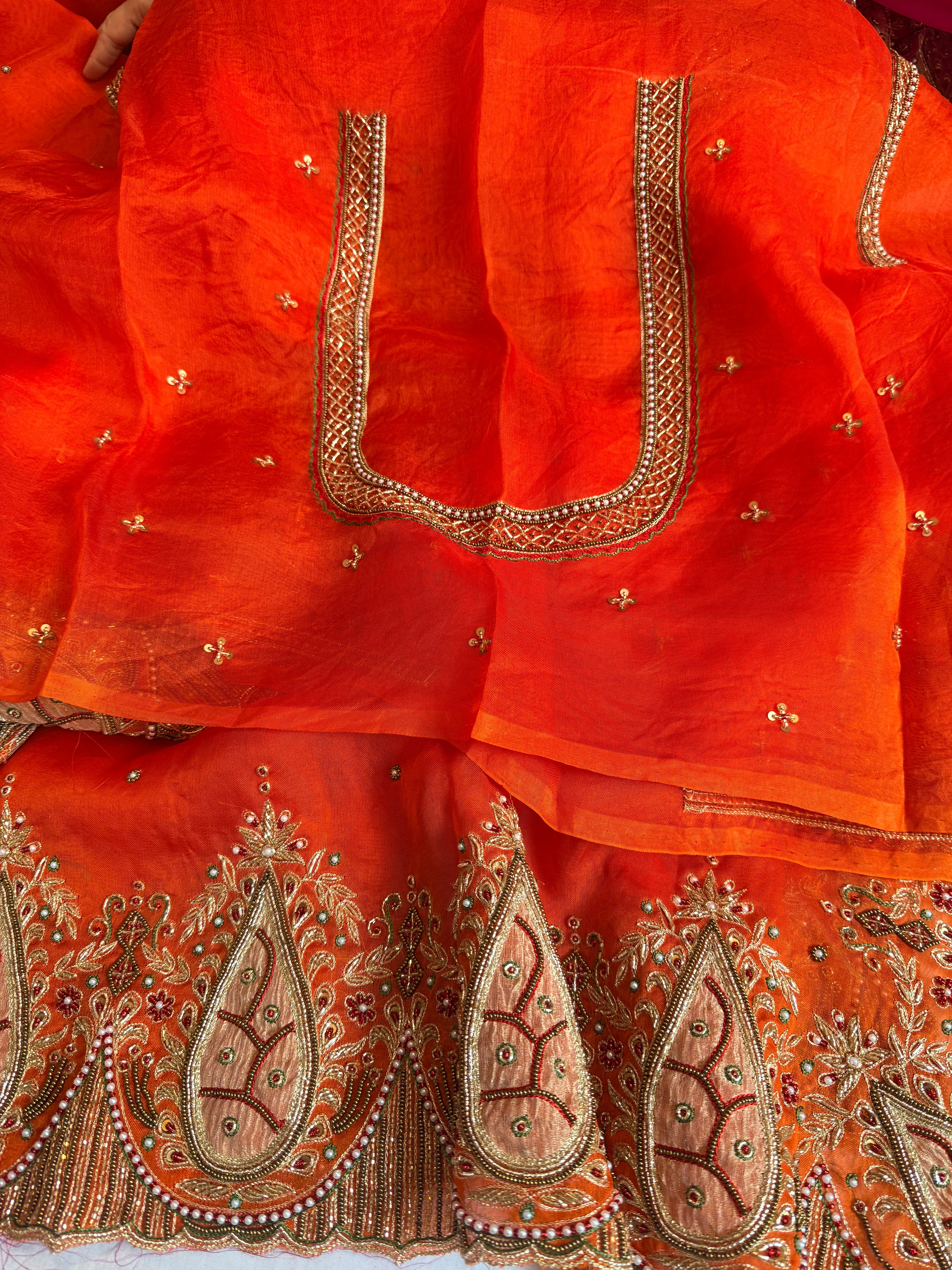 Gulab genda edit - Banarasi Kora silk fanta orange hand embroidered saree