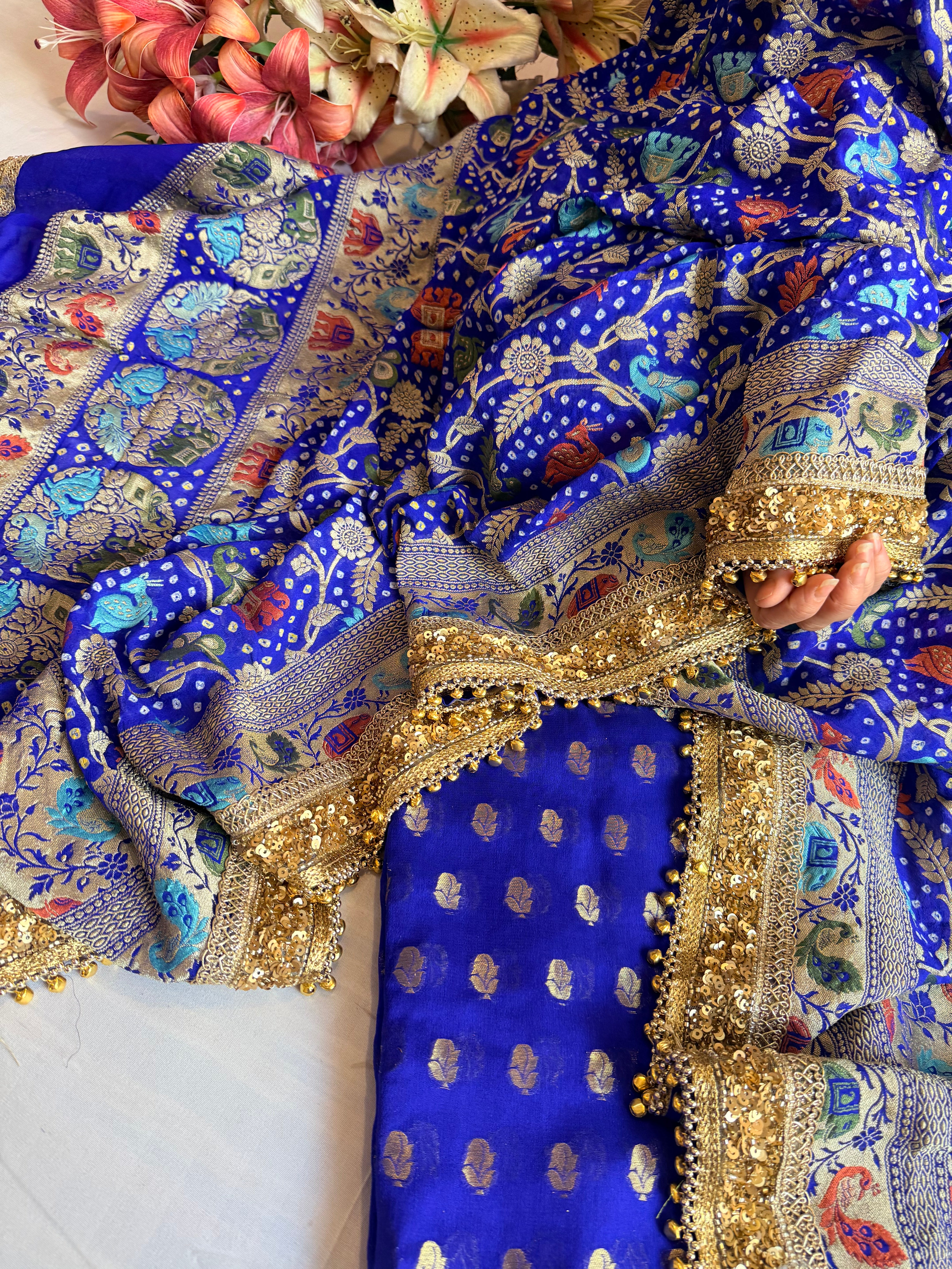 Banarasi bandhej ink blue ghungroo and sequin work chiffon gorgette kadhwa suit set