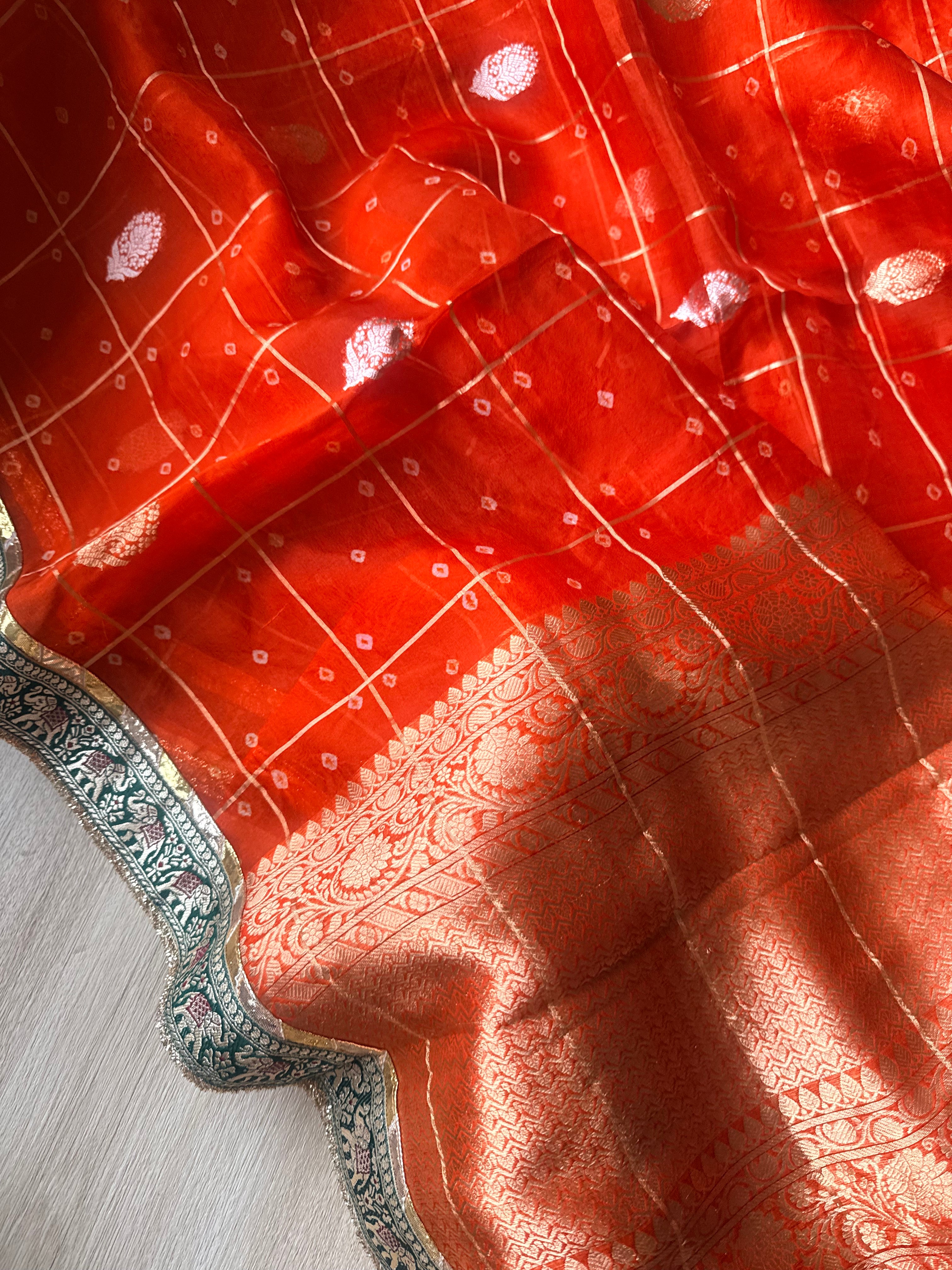 Kora bandhej edit - Fanta orange kora silk kadhwa buti hand embroidered saree