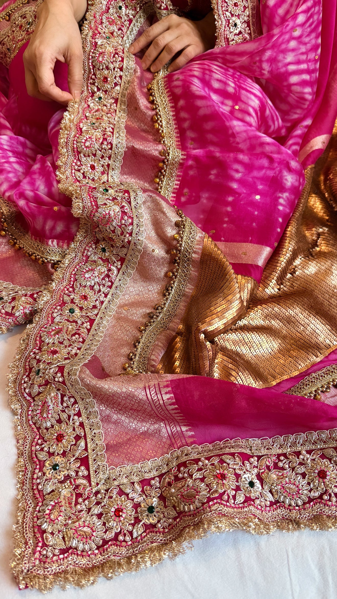 Chan Chan ghungroo hot pink work kora silk leheriya dye kadhwa saree