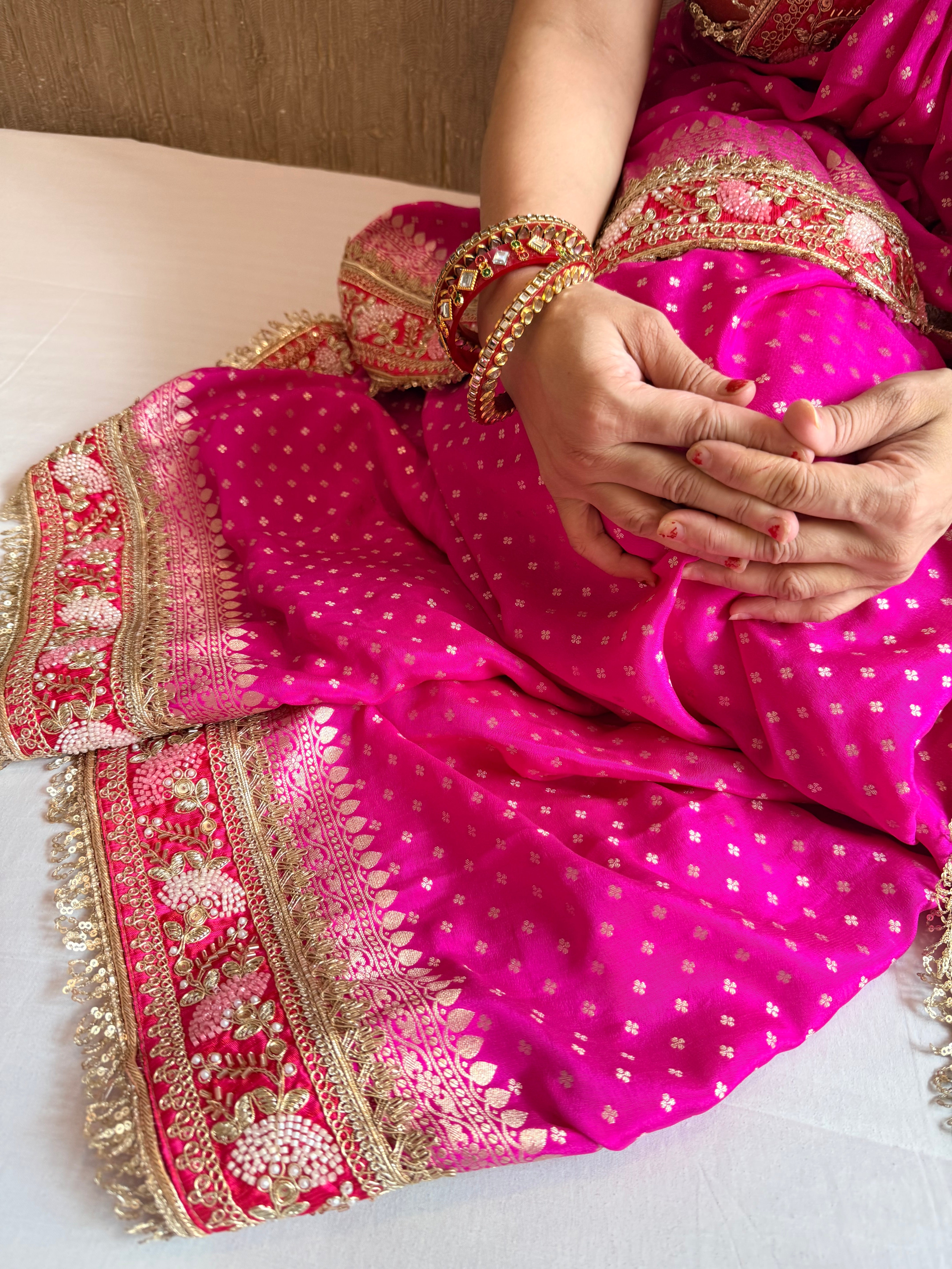 Hot pink moonga silk hand embroidered kadhwa weaving saree
