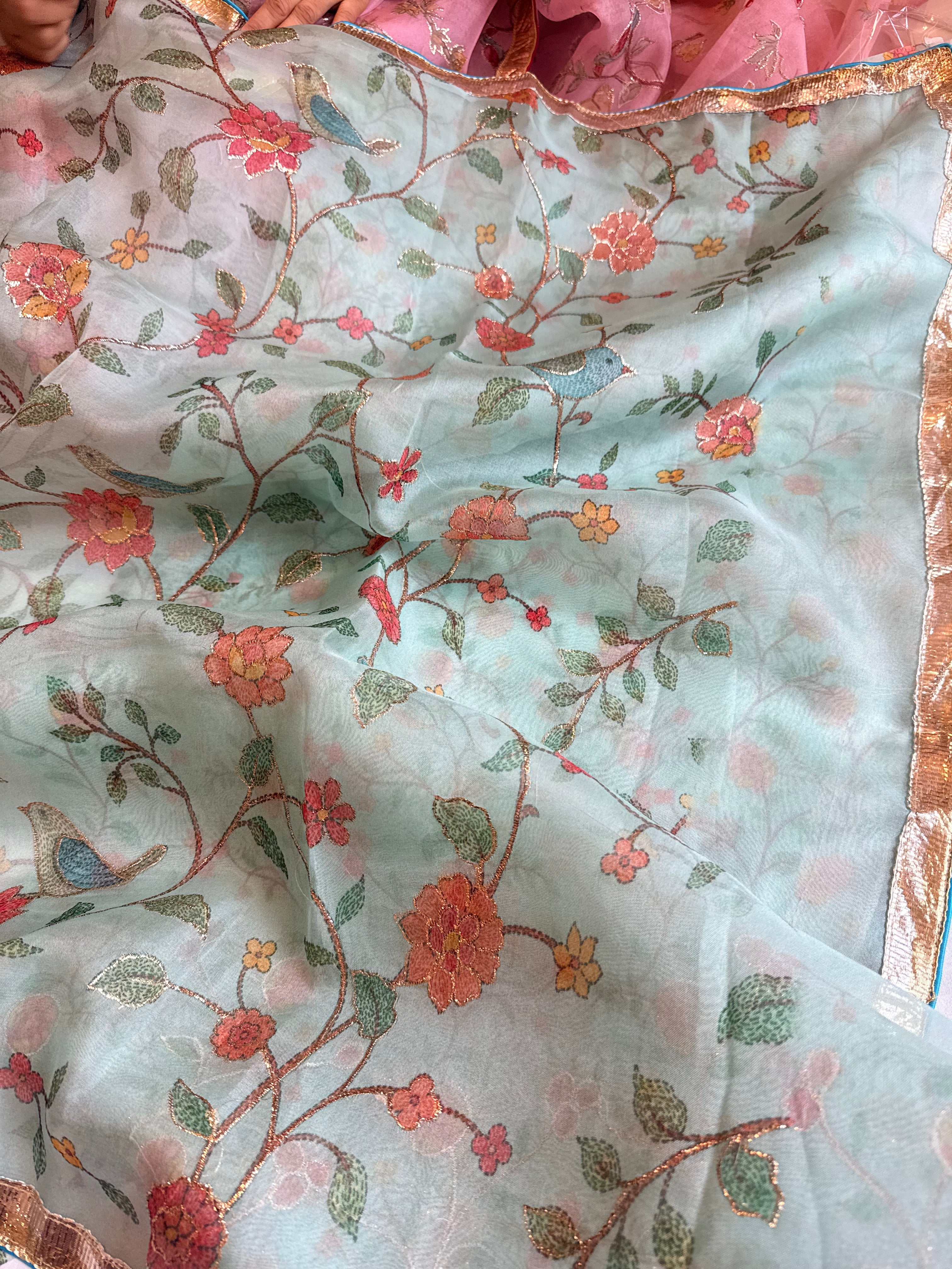 Kora silk printed lampi gotapatti hand embroidered saree