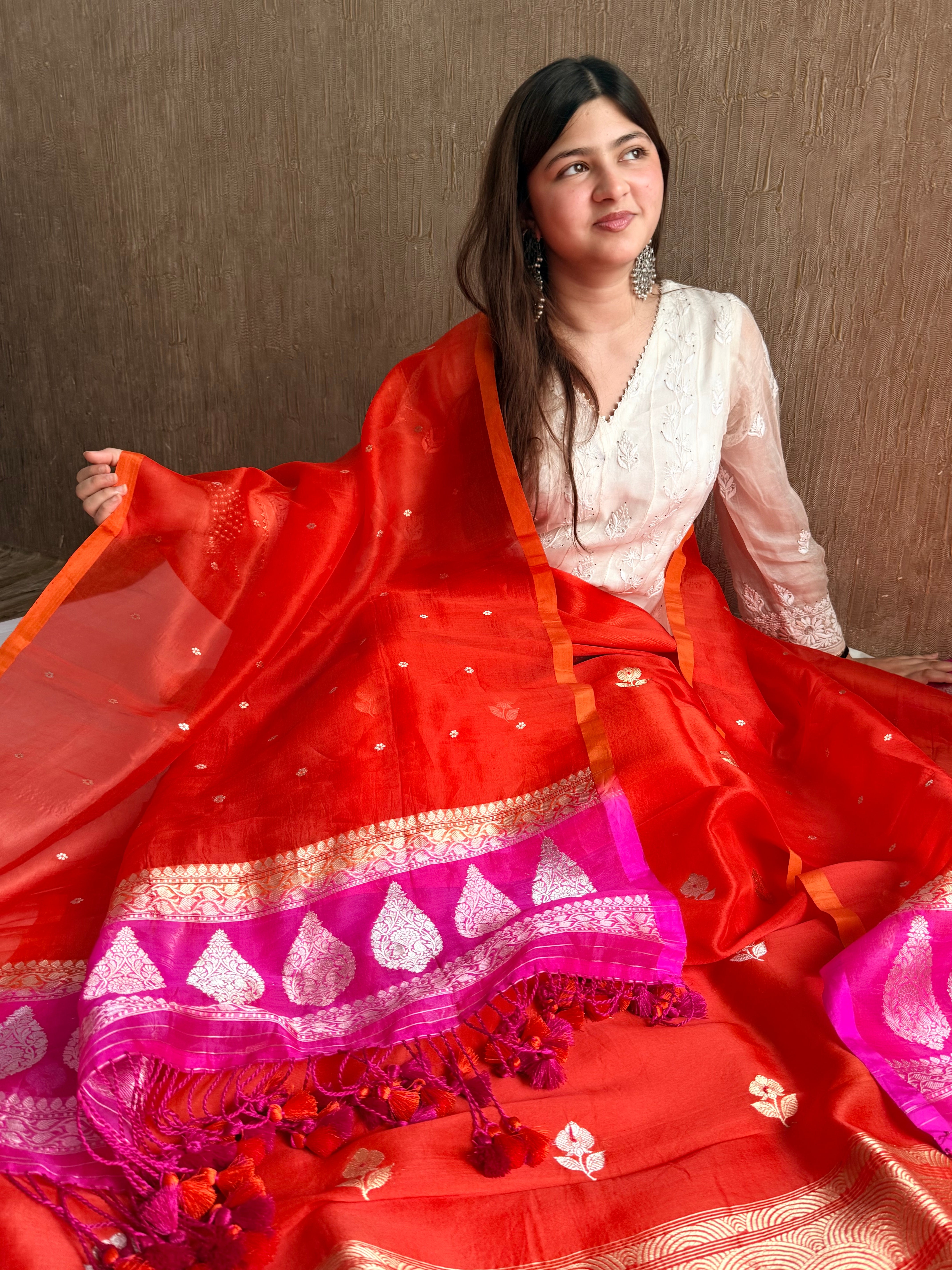 Red rani & orange shaded kora silk chal dye kadhwa banarasi suit set