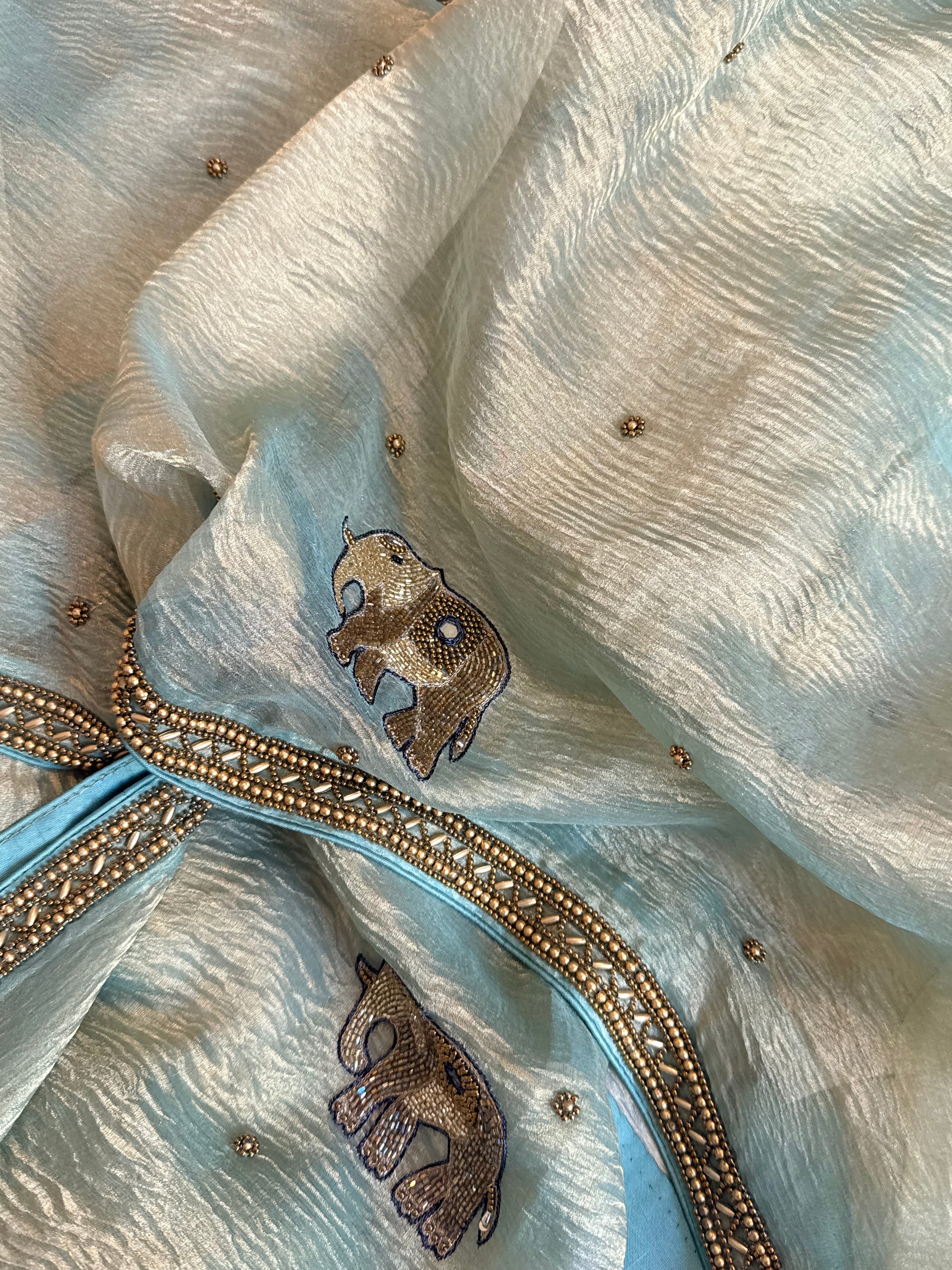 Mirrorwork edit gajri pink crushed tissue silk hand embroidered saree