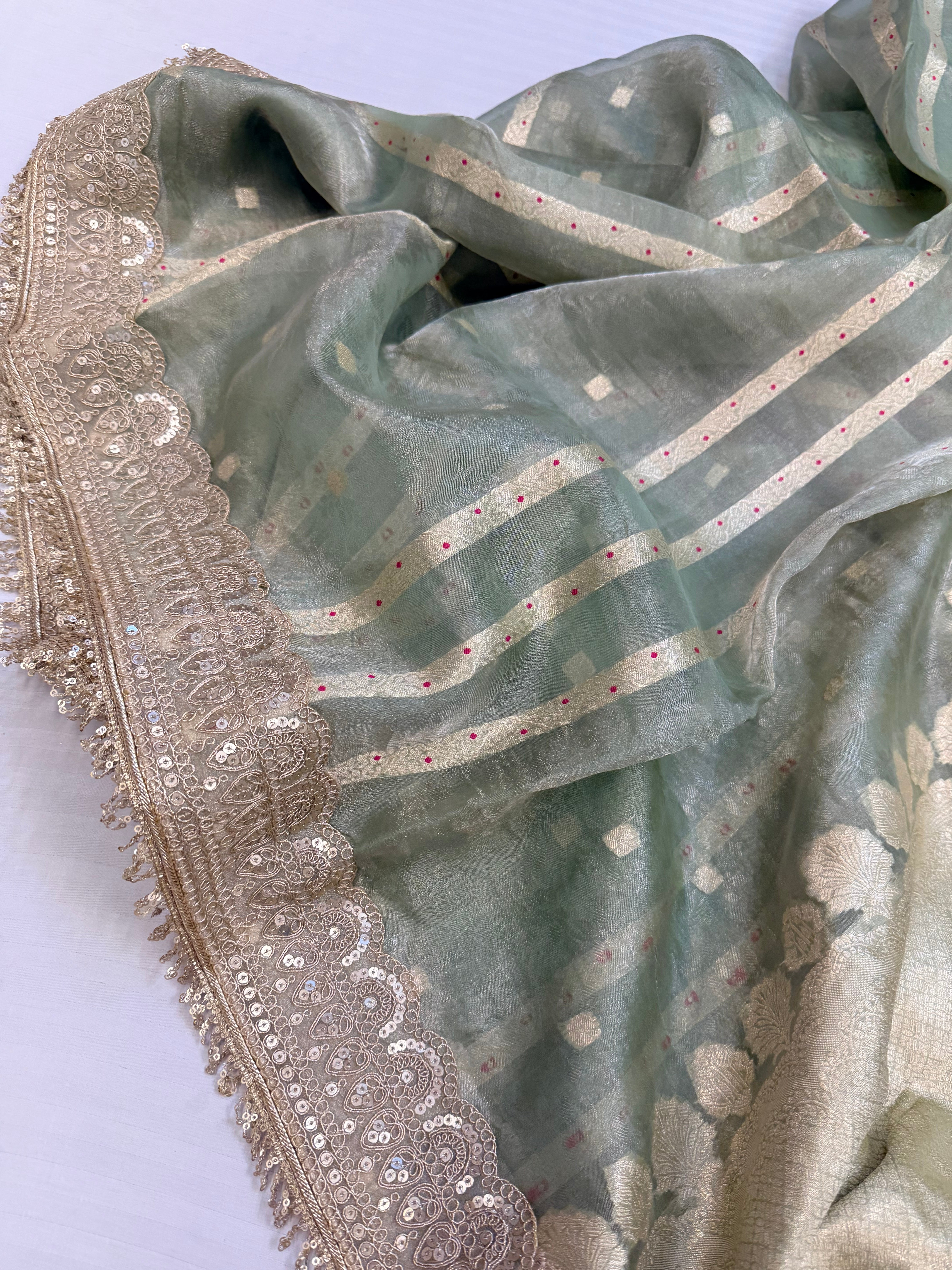 Mint green tissue silk kadhwa gotapatti meenakari saree