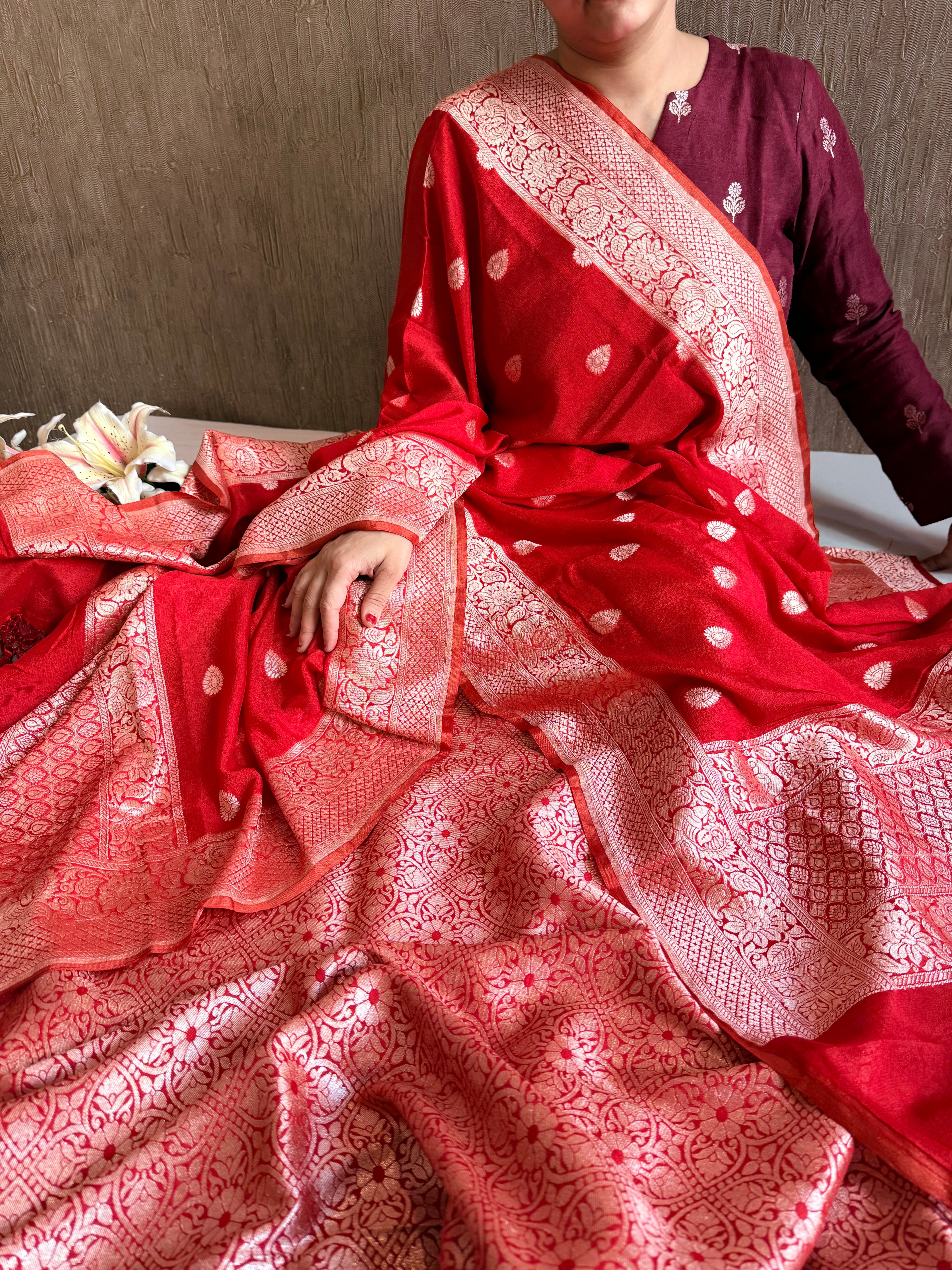 Crimson red moonga brocade ambose meenakari suit set