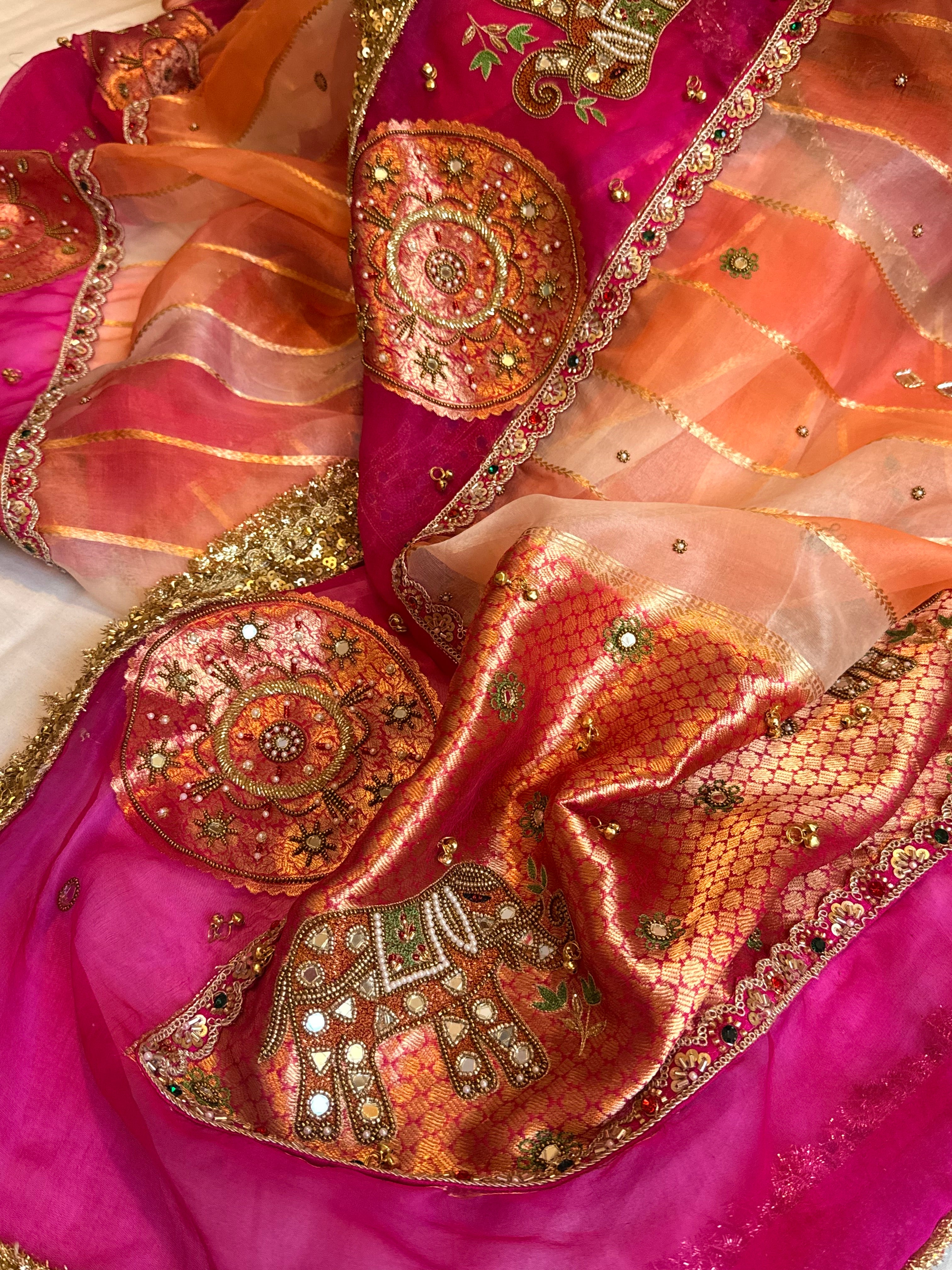 Navratan edit - Gola buti and hathi work hand embroidered kora silk saree